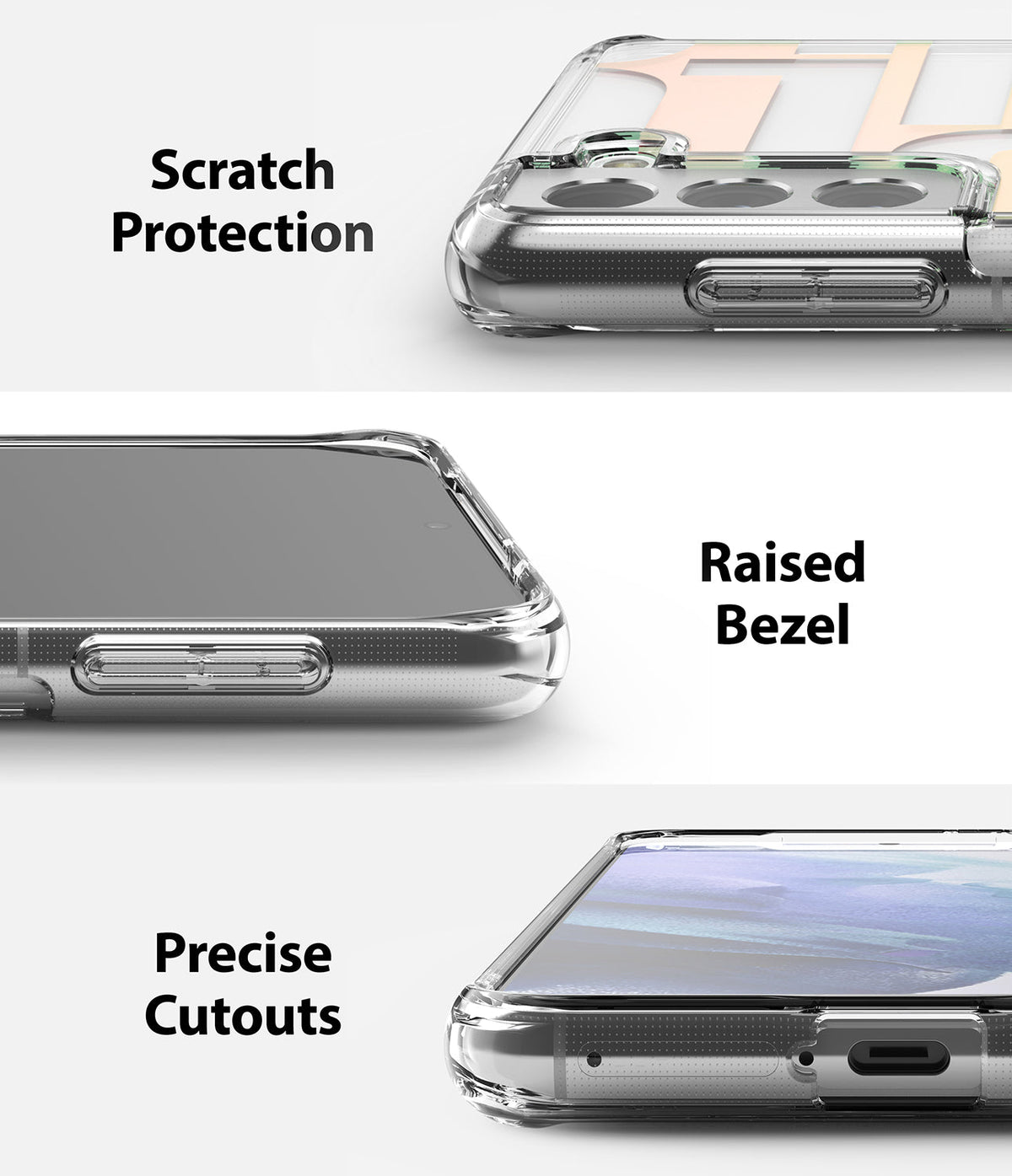 Galaxy S21 Case | Fusion Design - Three close-up views of a clear phone case highlighting scratch protection, raised bezels, and precise port cutouts.