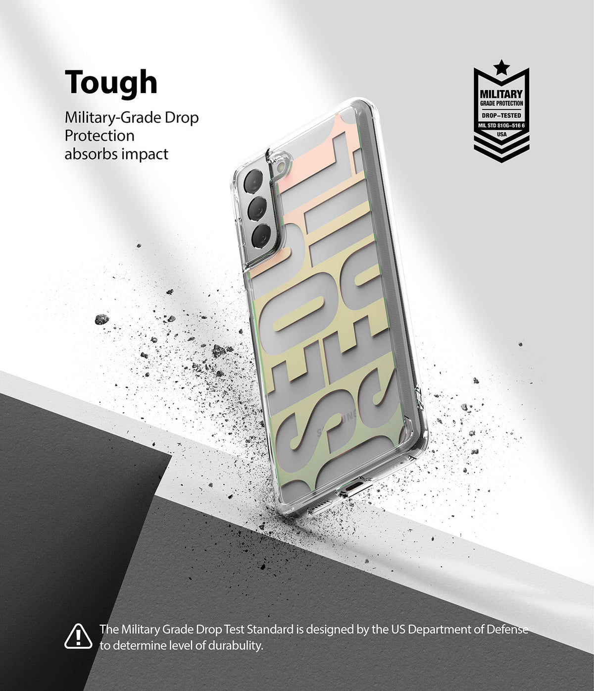 Galaxy S21 Case | Fusion Design - Clear phone case with "SEOUL" text, military-grade protection badge, and debris effect.