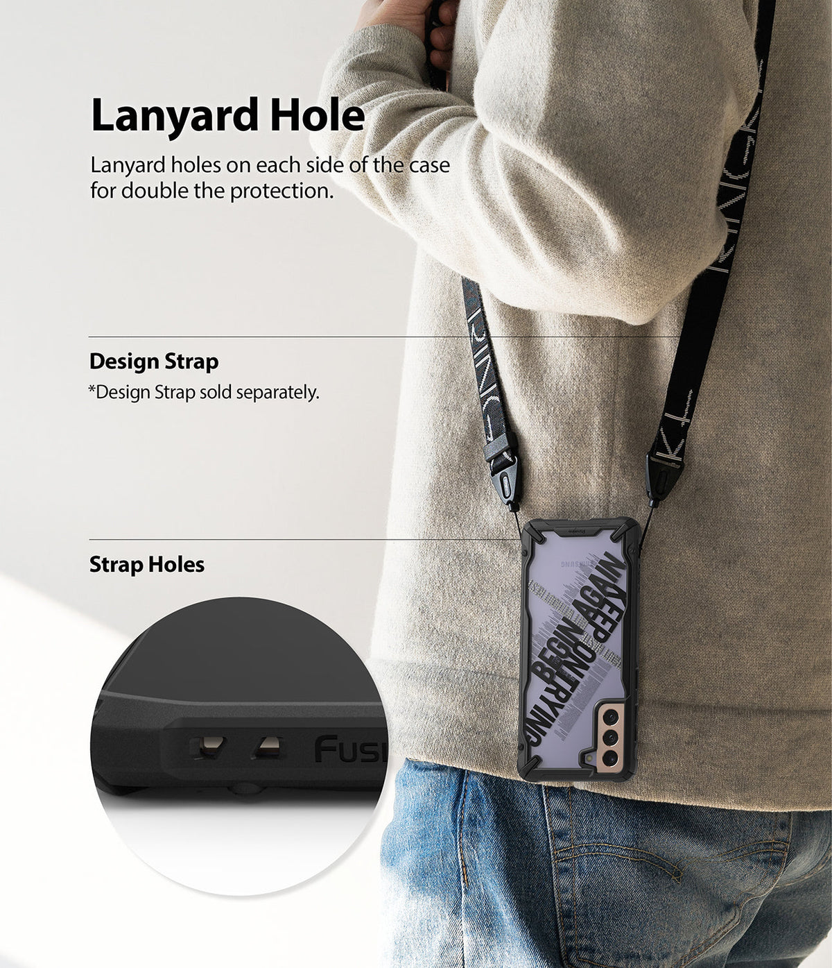 Galaxy S21 Case | Fusion-X Design - Person wearing a phone case with a lanyard strap, highlighting dual side strap holes.