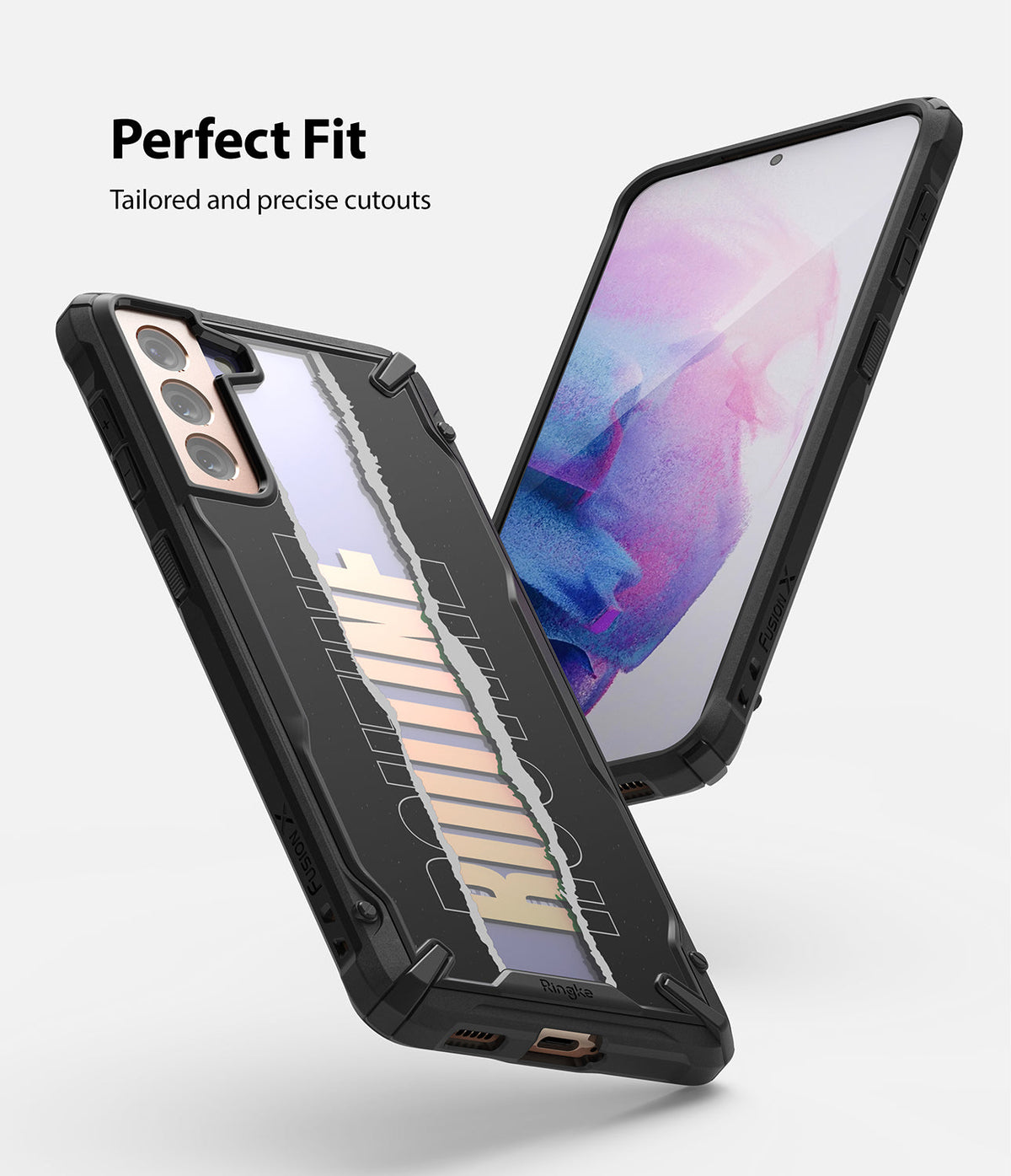 Galaxy S21 Case | Fusion-X Design - Black protective phone case with precise cutouts shown from front and back angles.