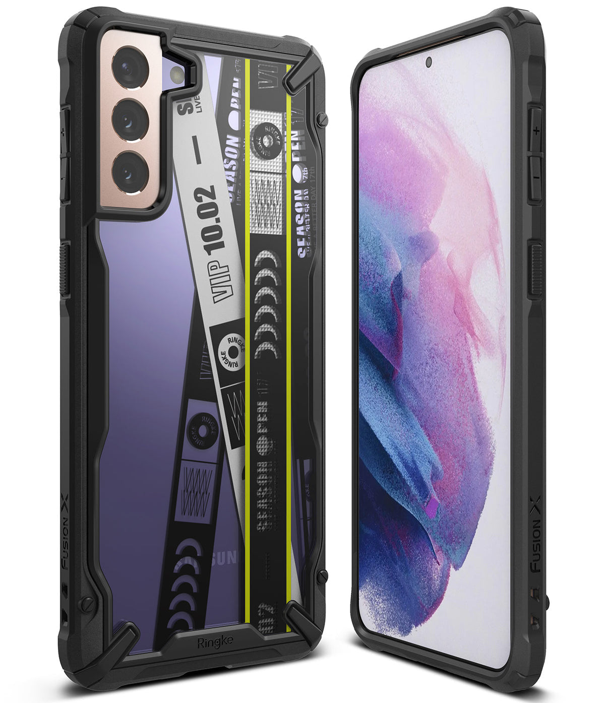 Galaxy S21 Case | Fusion-X Design - Rugged black phone case with a clear back featuring a graphic design on a Galaxy S21.