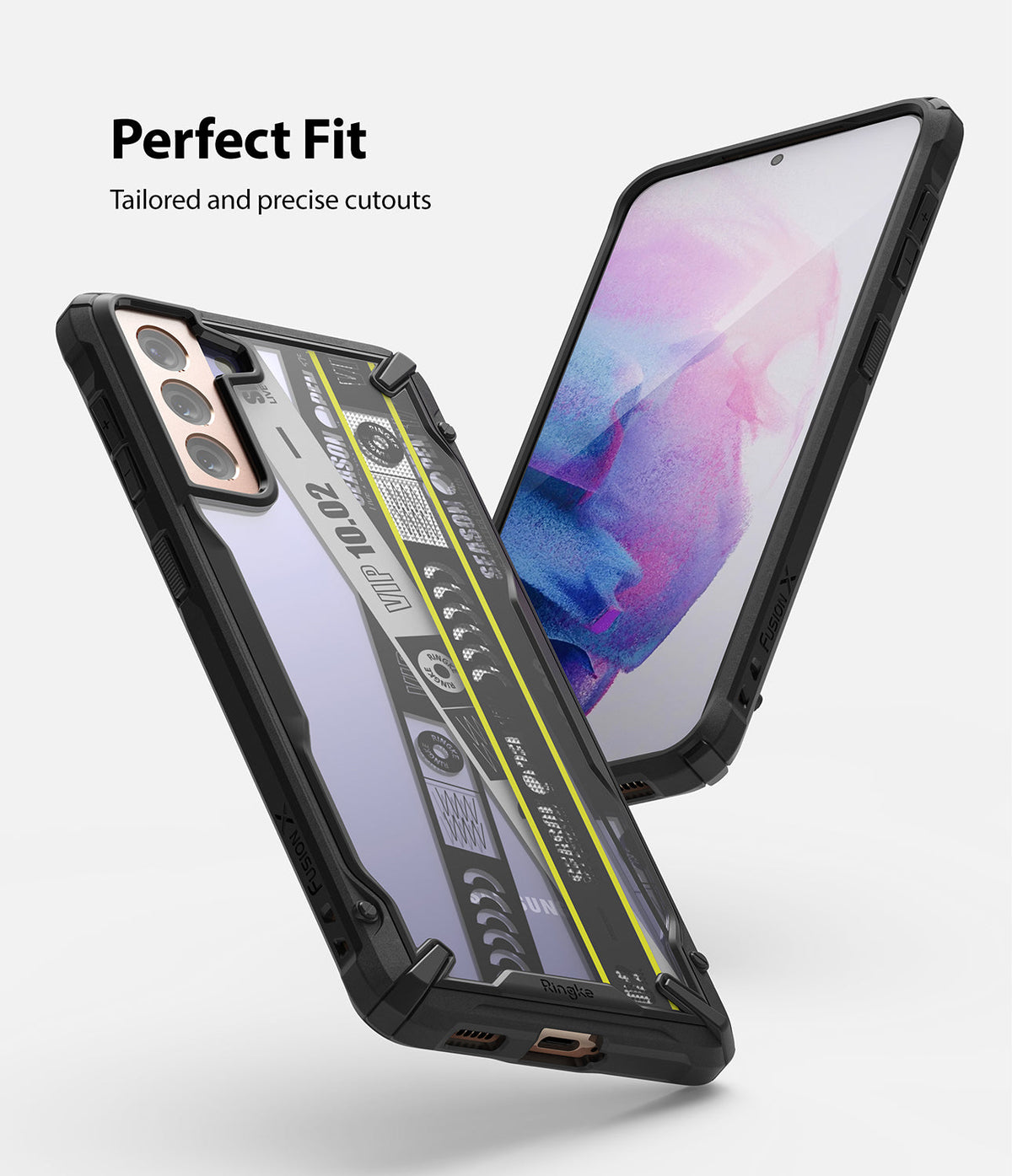 Galaxy S21 Case | Fusion-X Design - Black protective phone case with cassette tape graphic on back and precise cutouts.