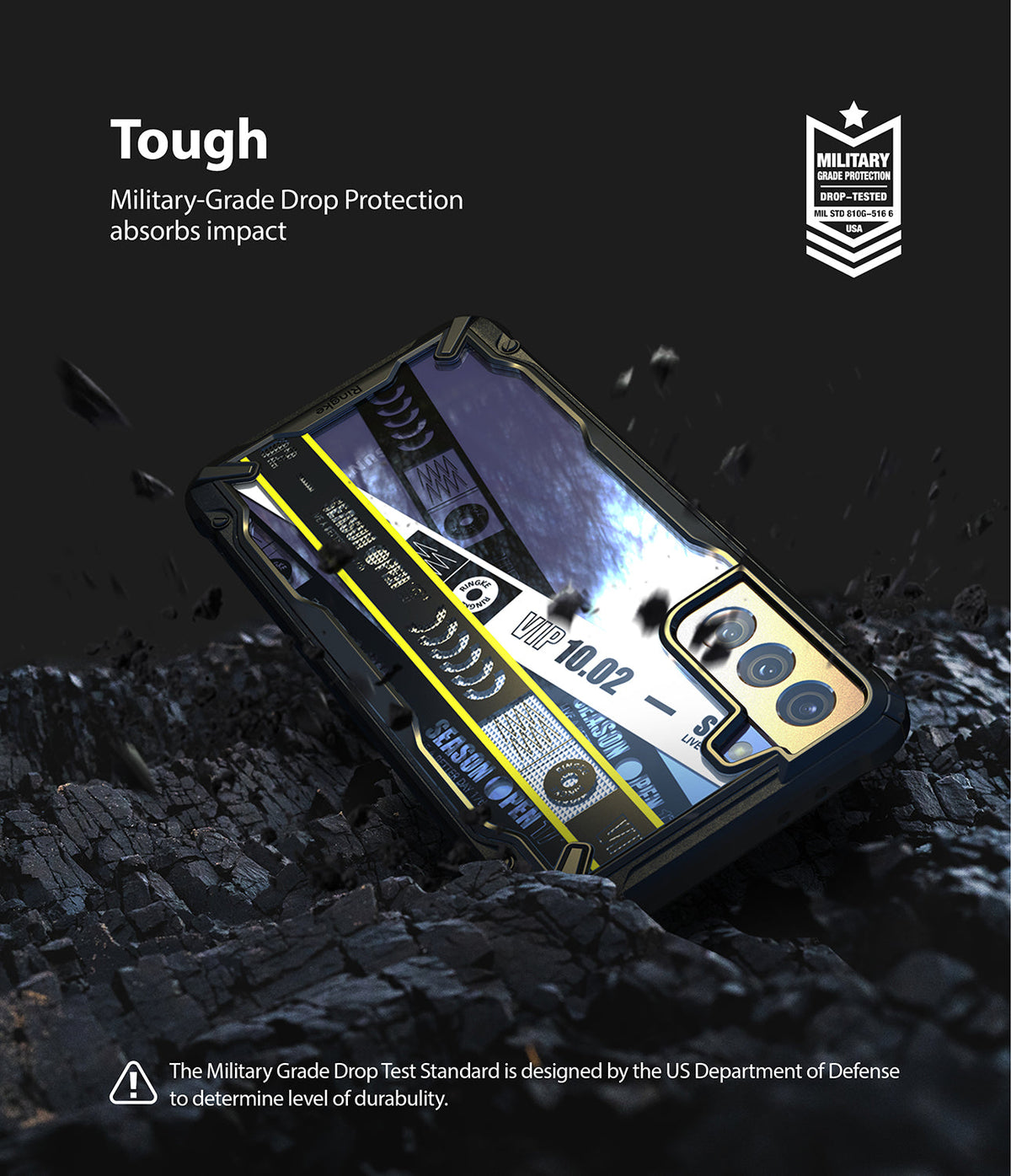 Galaxy S21 Case | Fusion-X Design - Rugged phone case with graphic back resting on dark, rocky terrain with debris.
