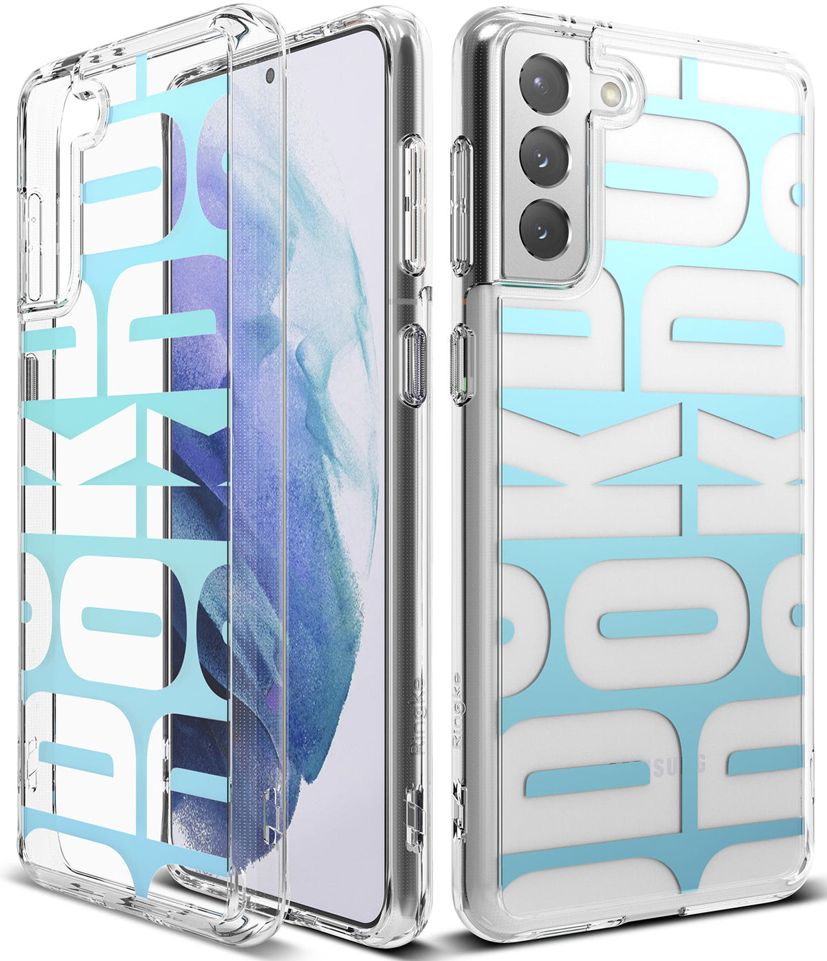 Galaxy S21 Plus Case | Fusion Design - Clear phone case with a blue and white geometric pattern on the back.