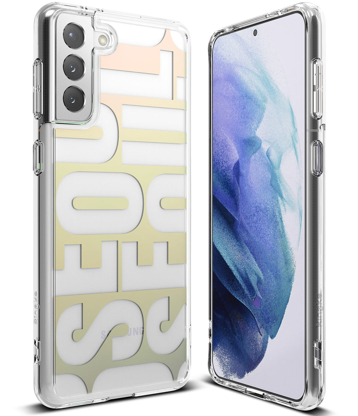Galaxy S21 Case | Fusion Design - Clear phone case with a large, stylized SEOUL graphic, shown from front and back angles.