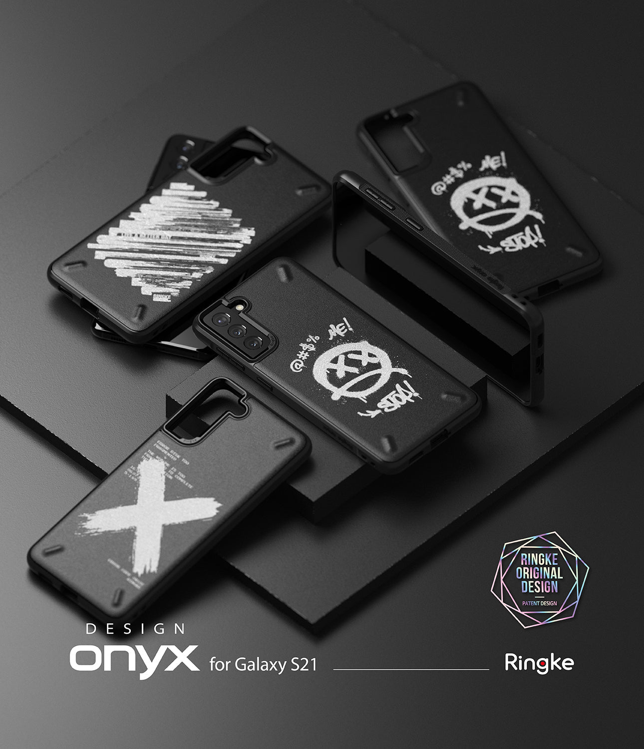 Galaxy S21 Case | Onyx Design - Four black phone cases with white graffiti-style graphics arranged on a dark surface.