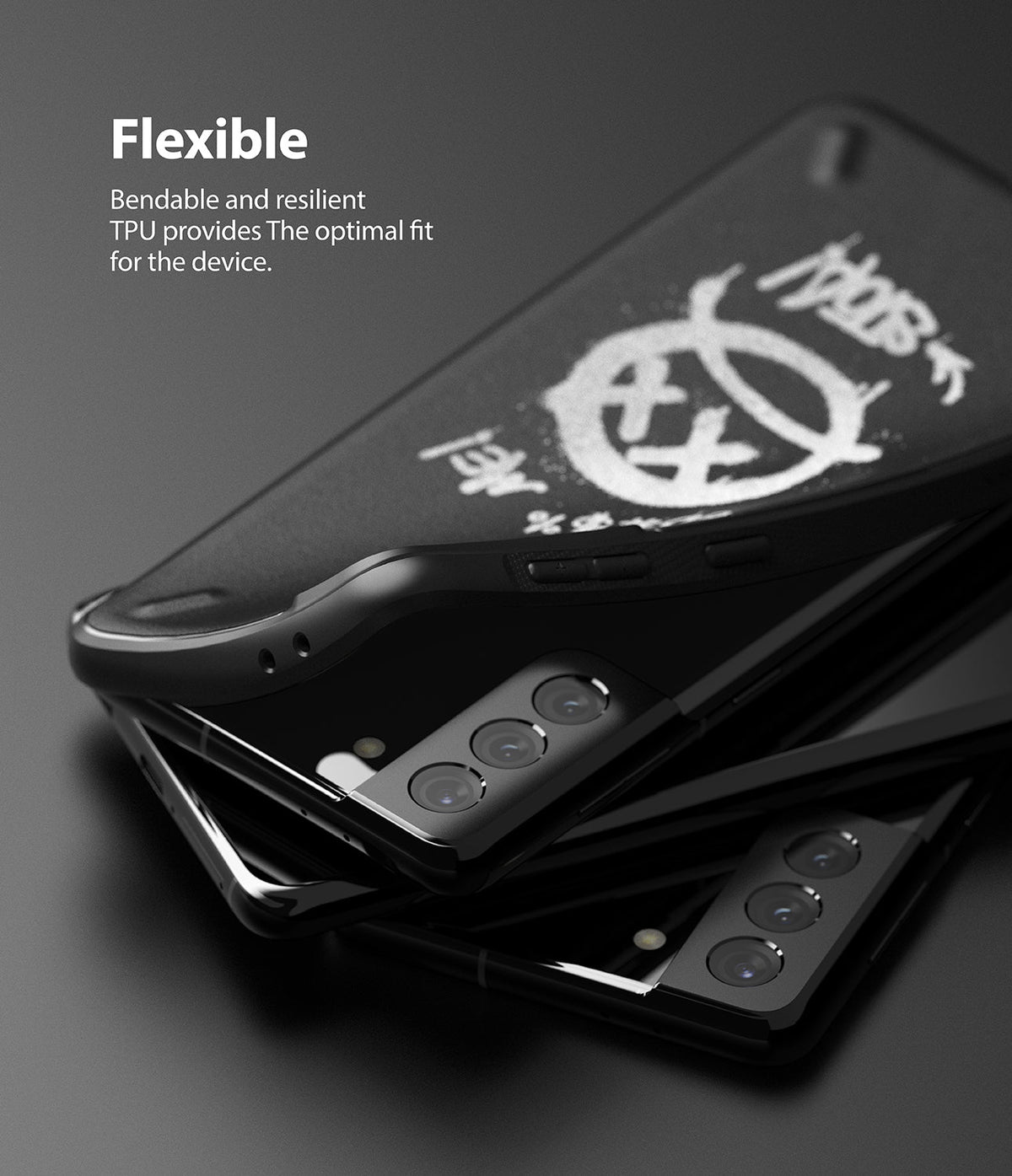 Galaxy S21 Case | Onyx Design - A flexible black phone case with a white graffiti logo being placed onto a Galaxy S21.