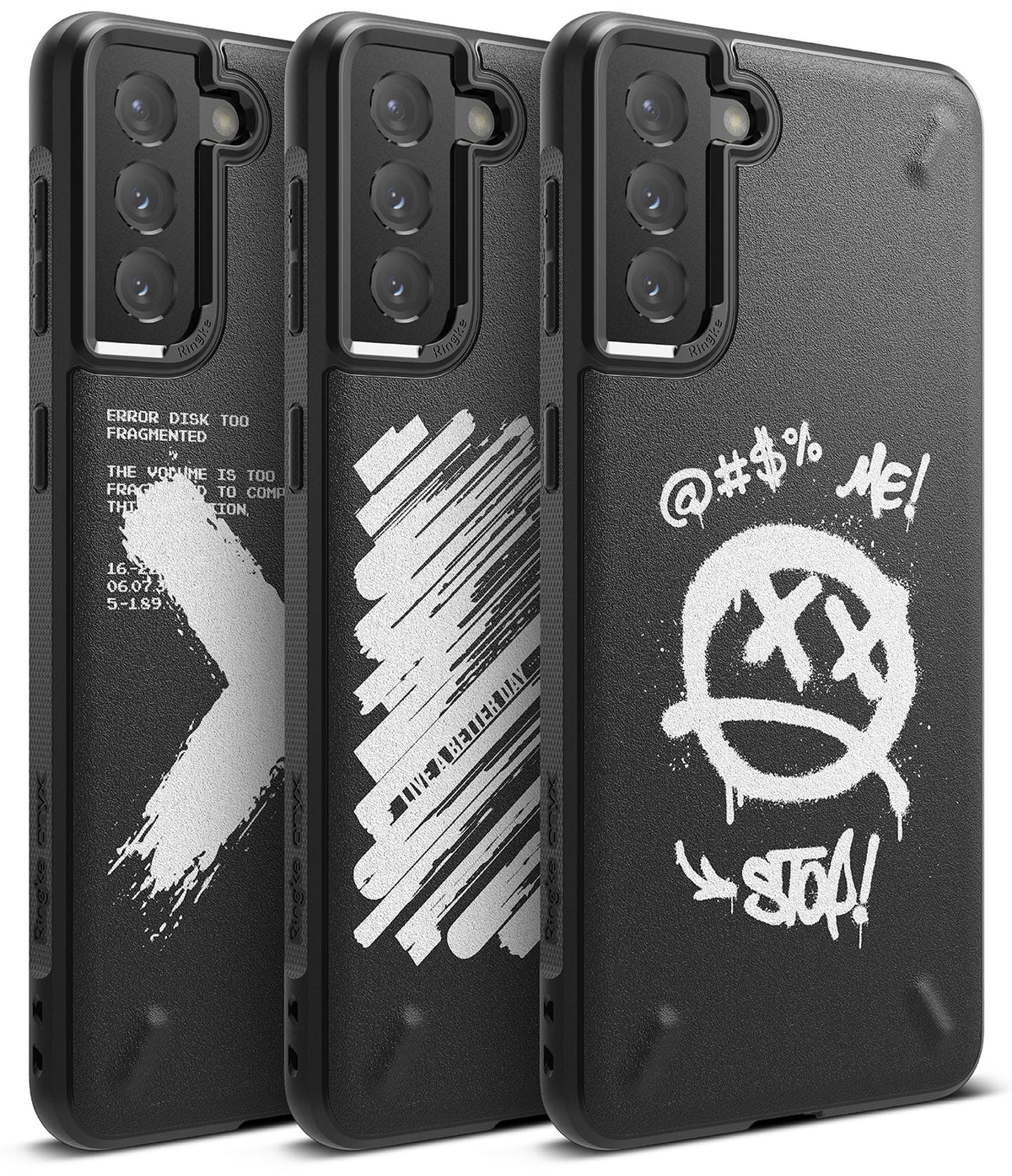 Galaxy S21 Case | Onyx Design - Three black phone cases with unique white graffiti-style graphics and text designs.