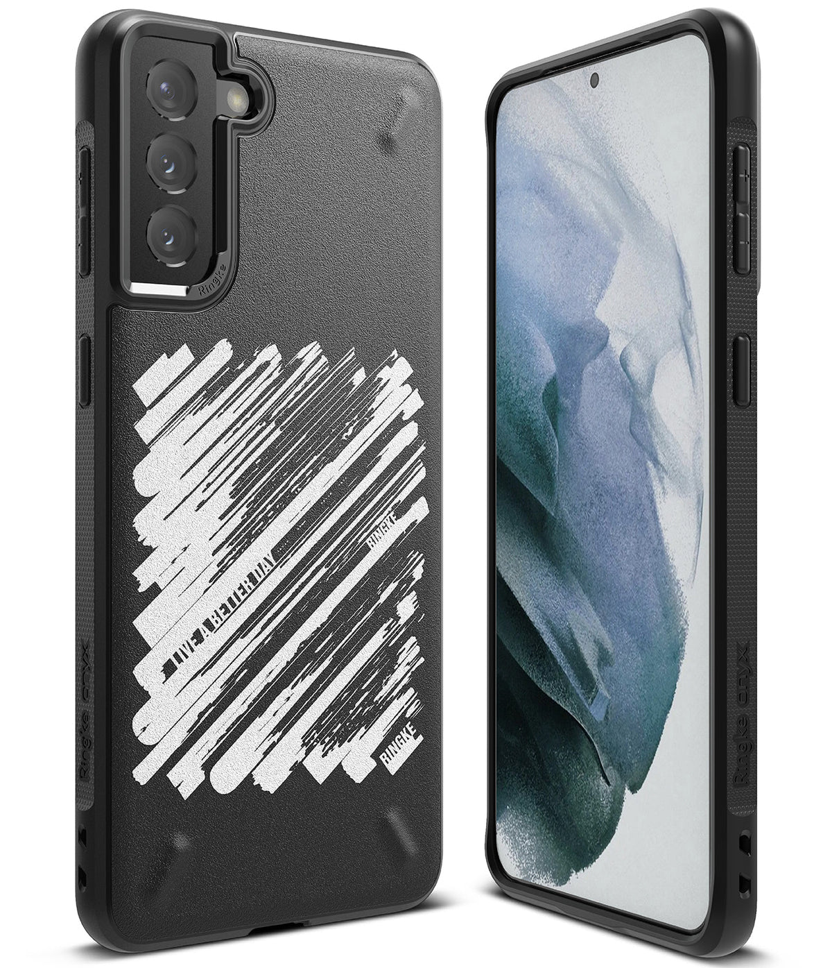 Galaxy S21 Case | Onyx Design - Black phone case with white brushstroke pattern and text on the back, shown from front and back.