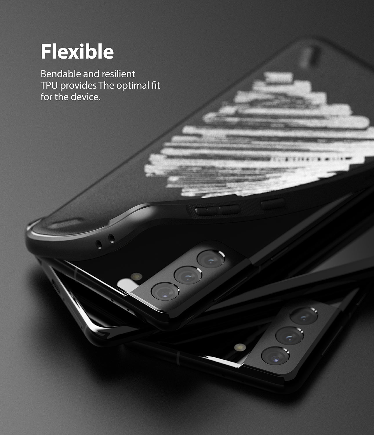 Galaxy S21 Case | Onyx Design - Flexible black TPU case being peeled off a Galaxy S21 smartphone to show its resilience.