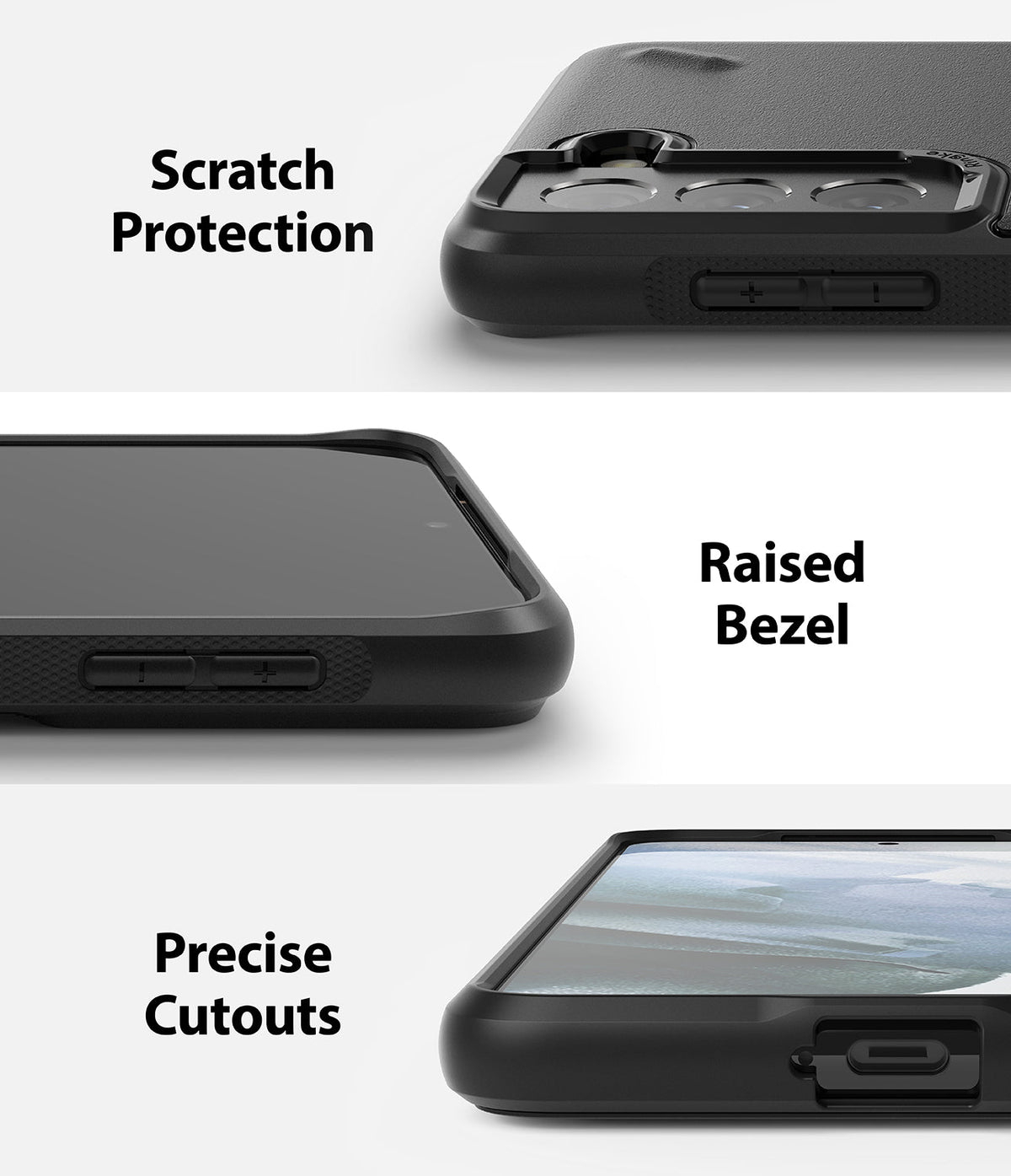 Galaxy S21 Case | Onyx Design - Close-ups of black phone case showing camera protection, raised screen bezels, and port cutouts.