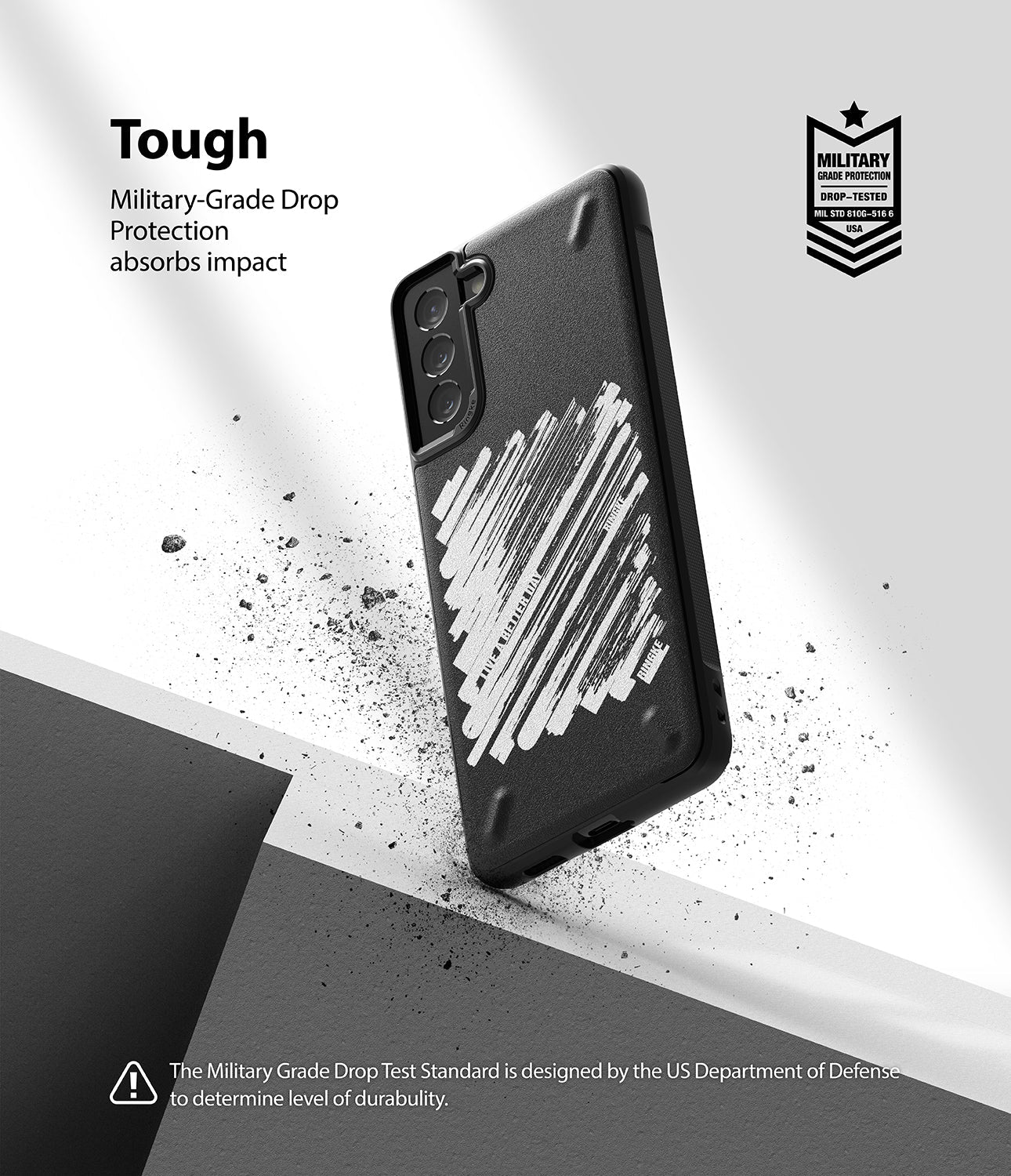 Galaxy S21 Case | Onyx Design - Black phone case with white brushstroke design, floating amidst debris and military-grade text.