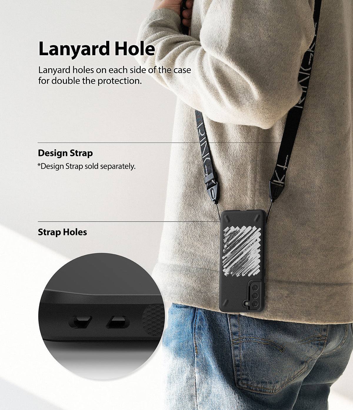 Galaxy S21 Case | Onyx Design - A person wearing a phone case with a lanyard, featuring a close-up of the dual strap holes.