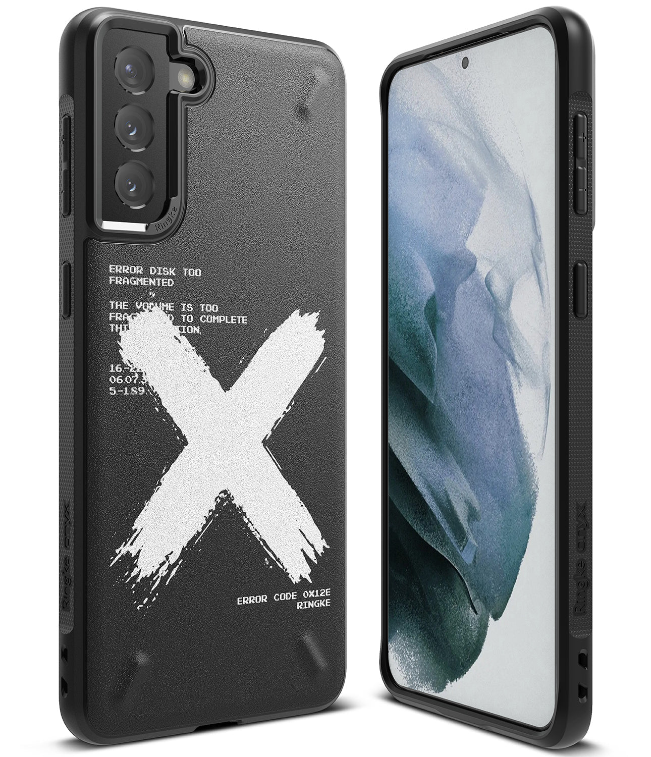 Galaxy S21 Case | Onyx Design - Black phone case with white brush-stroke X graphic and technical error text on back.