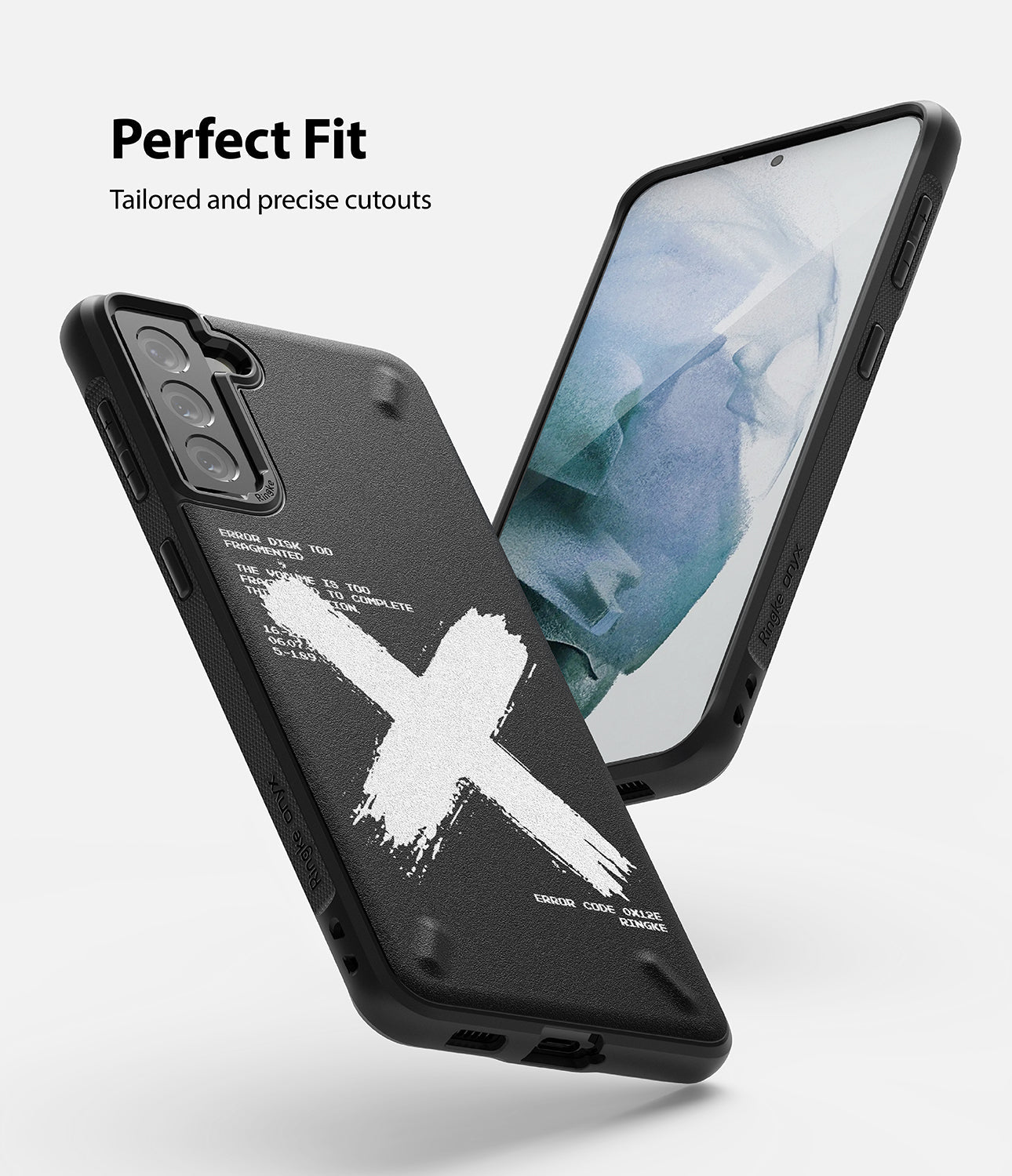 Galaxy S21 Case | Onyx Design - Black phone case with white X graphic and text, showing precise cutouts and fit.