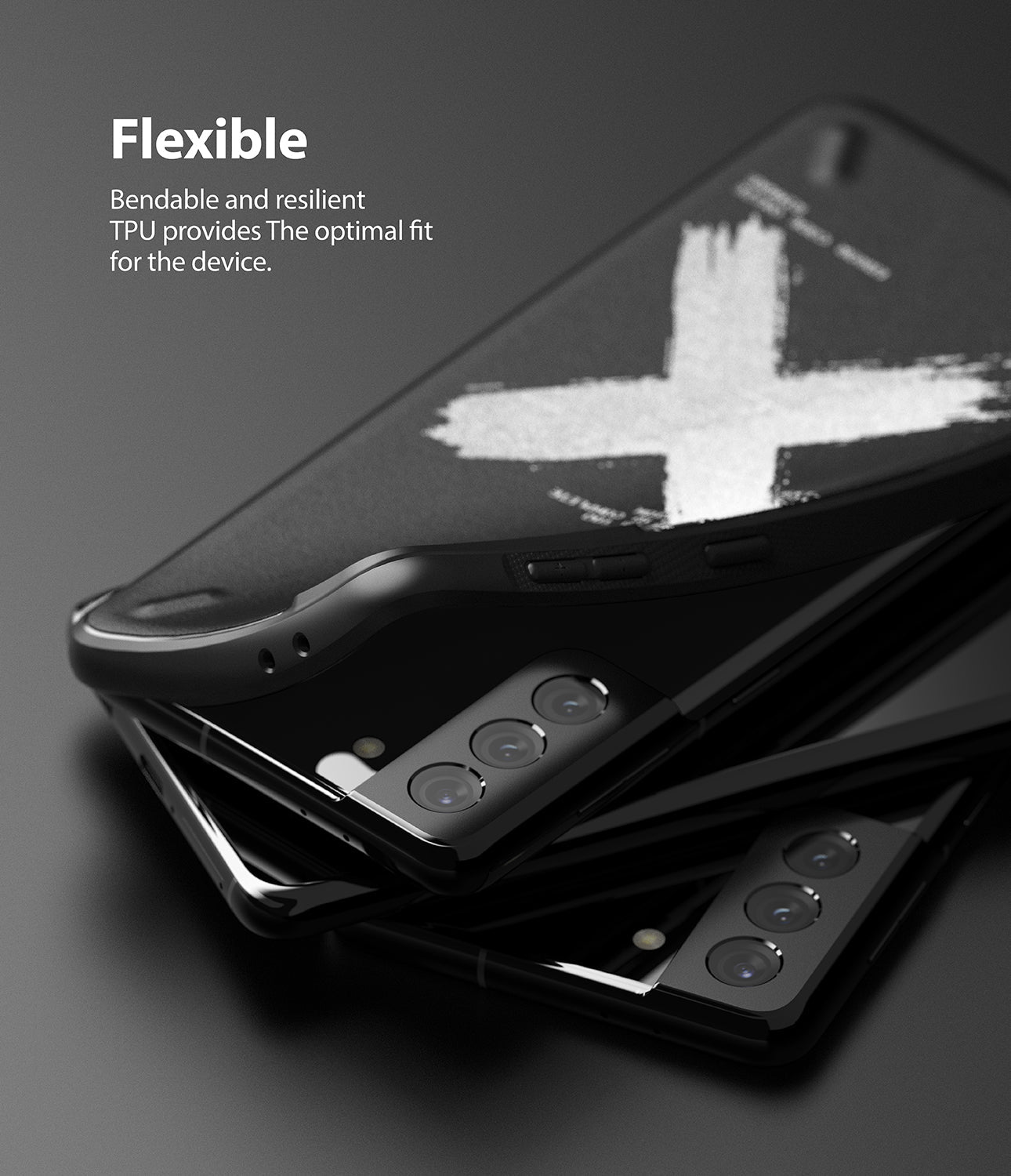 Galaxy S21 Case | Onyx Design - A flexible black phone case with a white X graphic being pulled away from a Galaxy S21.