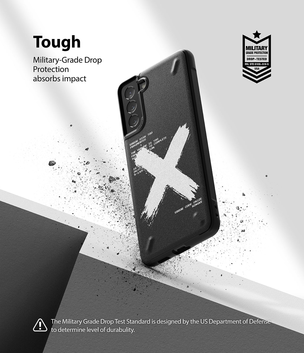 Galaxy S21 Case | Onyx Design - Black phone case with white X graphic and debris, featuring military-grade drop protection.