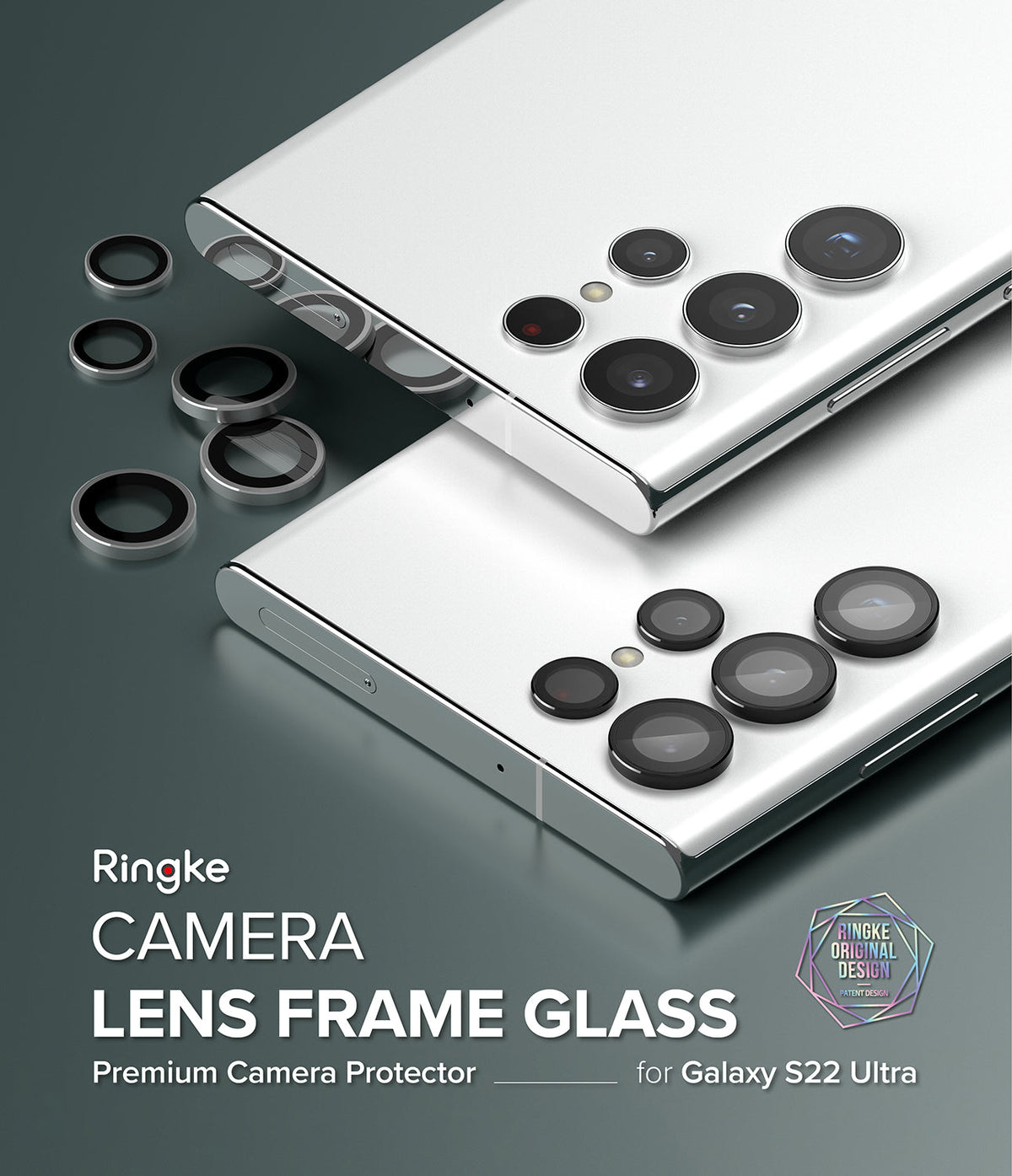Galaxy S22 Ultra Camera Lens Protector | Camera Lens Frame Glass - Galaxy S22 Ultra Camera Lens Protector - Two white smartphones with black individual lens frame protectors installed.