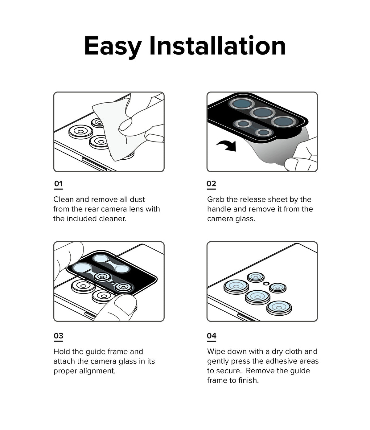 Galaxy S22 Ultra Camera Lens Protector | Camera Lens Frame Glass - Galaxy S22 Ultra Camera Lens Protector - Four-step illustrated guide showing how to clean, peel, align, and install lens.