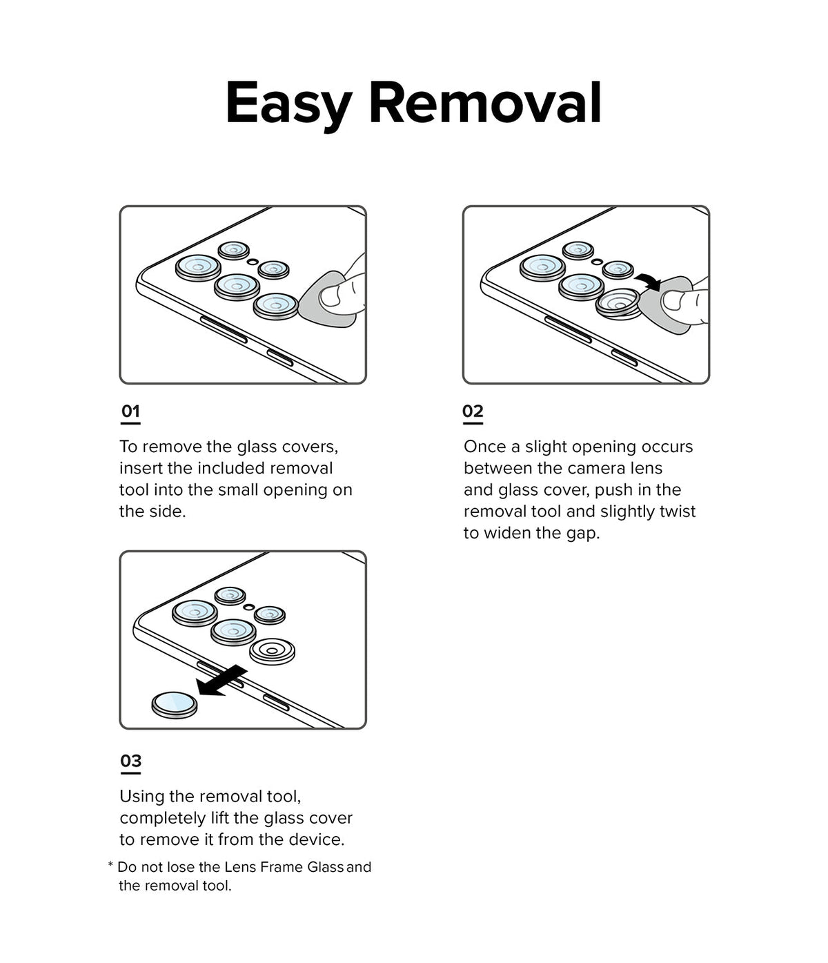 Galaxy S22 Ultra Camera Lens Protector | Camera Lens Frame Glass - Galaxy S22 Ultra Camera Lens Protector - Three-step diagram showing how to remove lens covers using a plastic tool.
