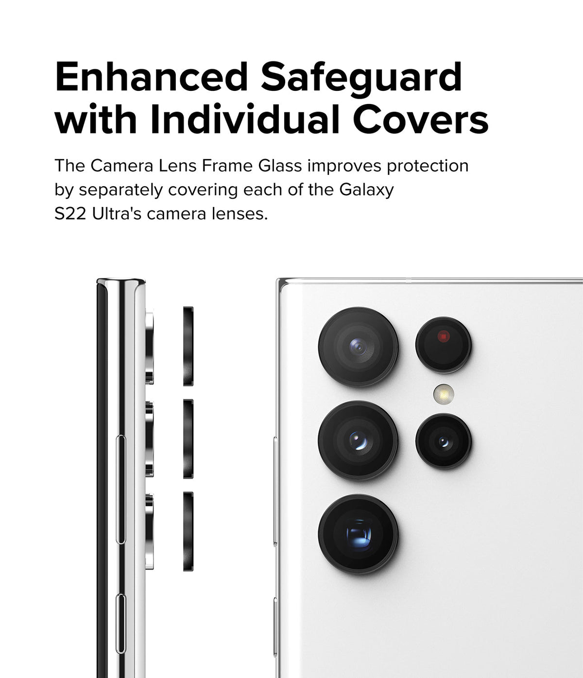 Galaxy S22 Ultra Camera Lens Protector | Camera Lens Frame Glass - Galaxy S22 Ultra Camera Lens Protector - Individual black lens covers aligning with a white smartphone camera array.