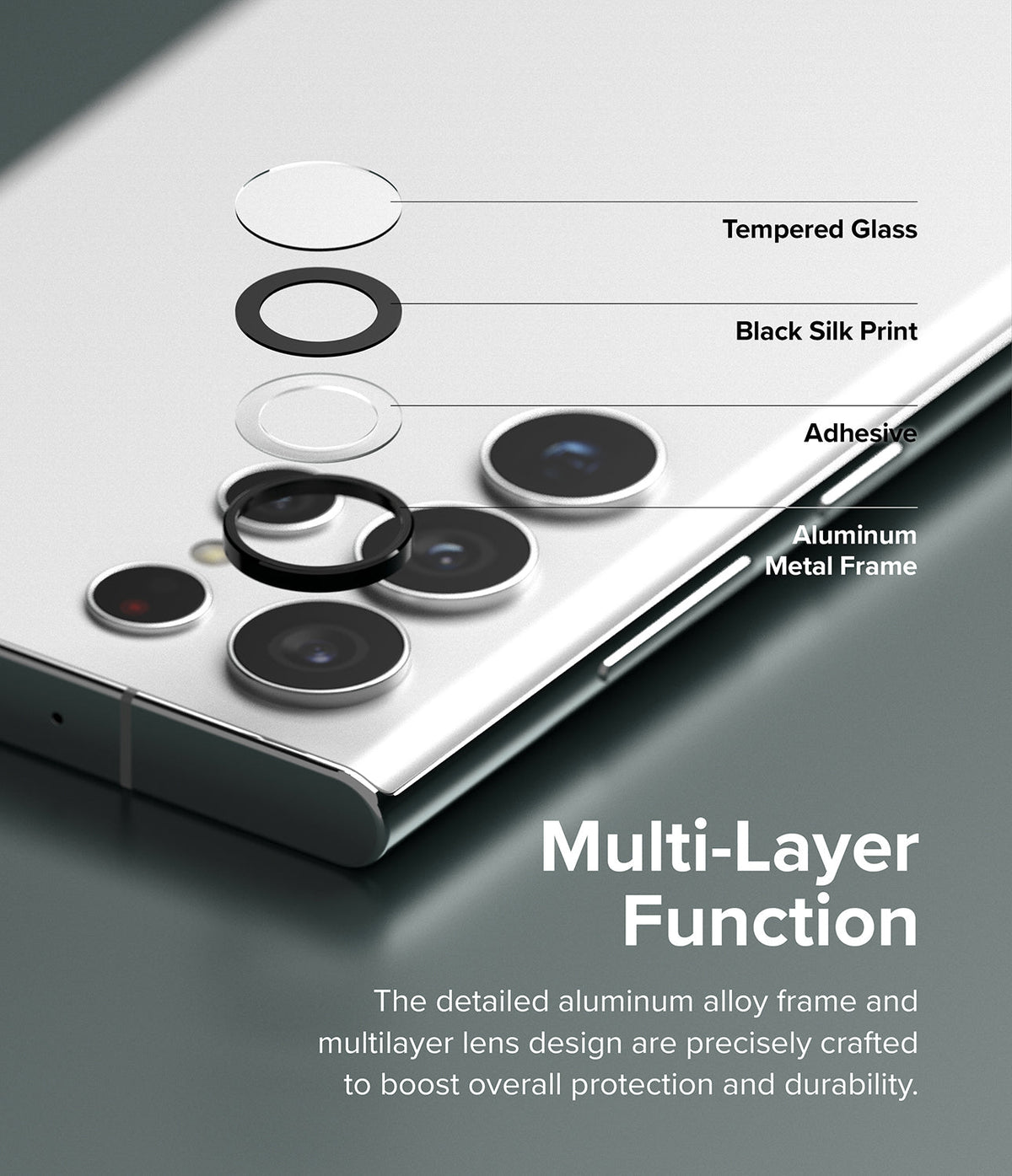 Galaxy S22 Ultra Camera Lens Protector | Camera Lens Frame Glass - Galaxy S22 Ultra Camera Lens Protector - Exploded view of multi-layer lens protector components on a smartphone camera.
