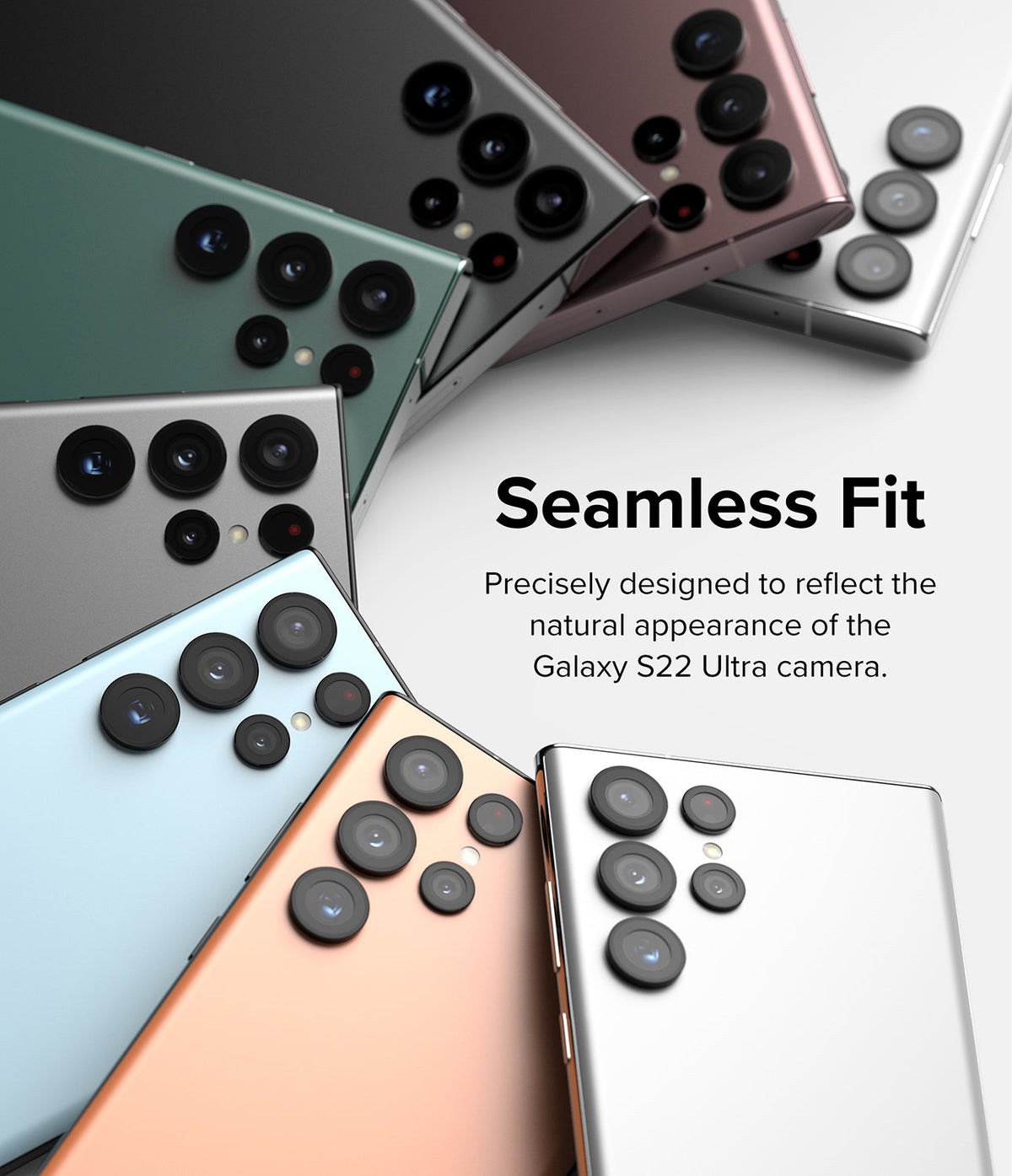 Galaxy S22 Ultra Camera Lens Protector | Camera Lens Frame Glass - Galaxy S22 Ultra Camera Lens Protector - Multiple Galaxy S22 Ultra phones in various colors arranged in a fan shape.
