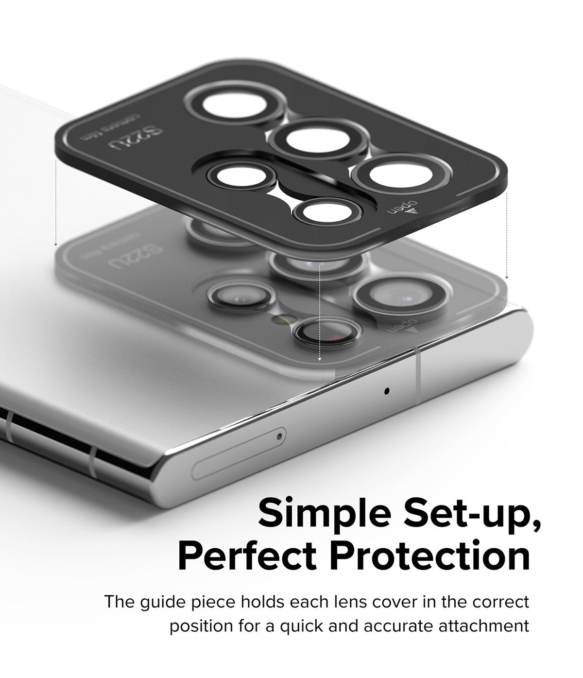 Galaxy S22 Ultra Camera Lens Protector | Camera Lens Frame Glass - Galaxy S22 Ultra Camera Lens Protector - Black frame aligning individual glass lens covers over a smartphone camera array.