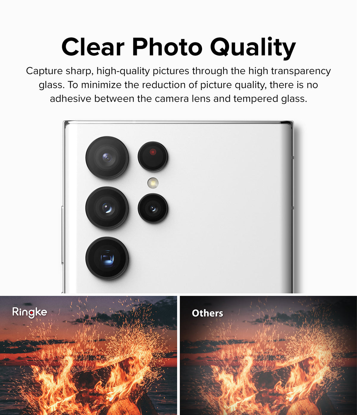 Galaxy S22 Ultra Camera Lens Protector | Camera Lens Frame Glass - Galaxy S22 Ultra Camera Lens Protector - Comparison of clear fire photography using Ringke protector versus others.