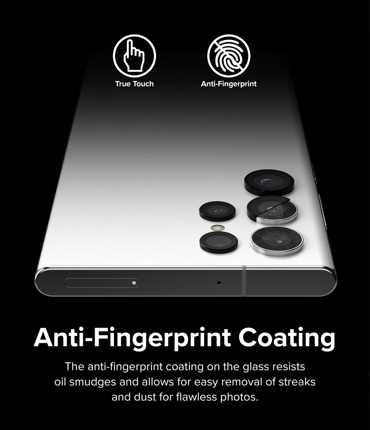 Galaxy S22 Ultra Camera Lens Protector | Camera Lens Frame Glass - Galaxy S22 Ultra Camera Lens Protector - Close-up of individual lens covers on a phone with anti-fingerprint icons.