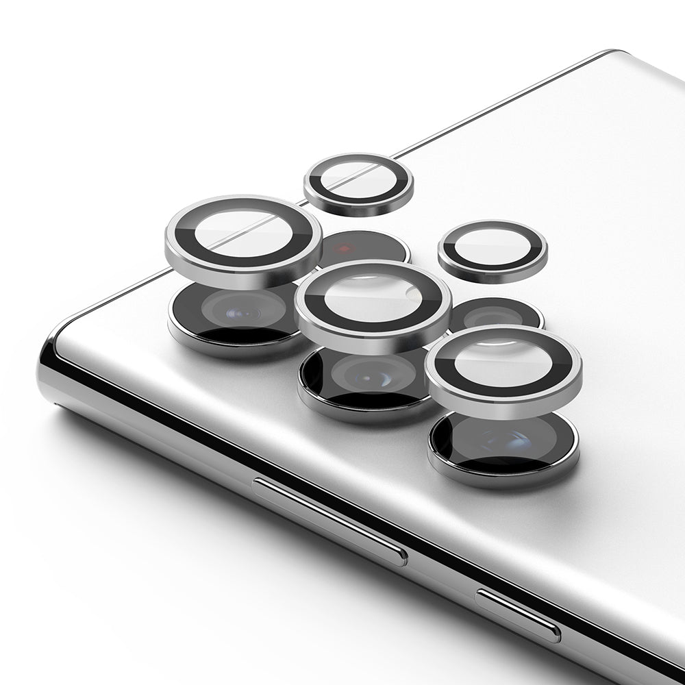 Galaxy S22 Ultra Camera Lens Protector | Camera Lens Frame Glass - Galaxy S22 Ultra Camera Lens Protector - Silver metal rings with glass covers hovering above phone camera lenses.