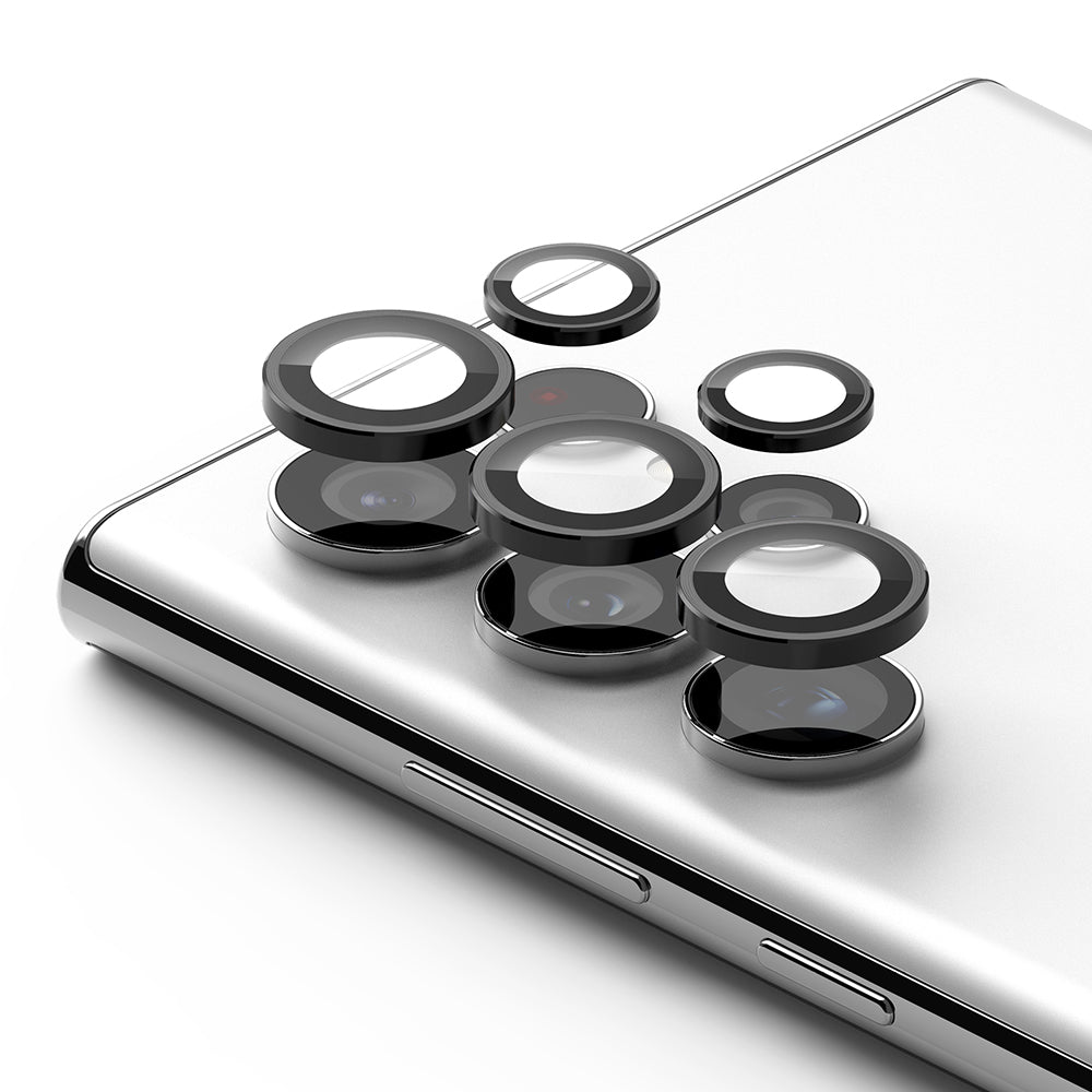 Galaxy S22 Ultra Camera Lens Protector | Camera Lens Frame Glass - Galaxy S22 Ultra Camera Lens Protector - Black circular glass lens covers hovering above a white smartphone camera array.