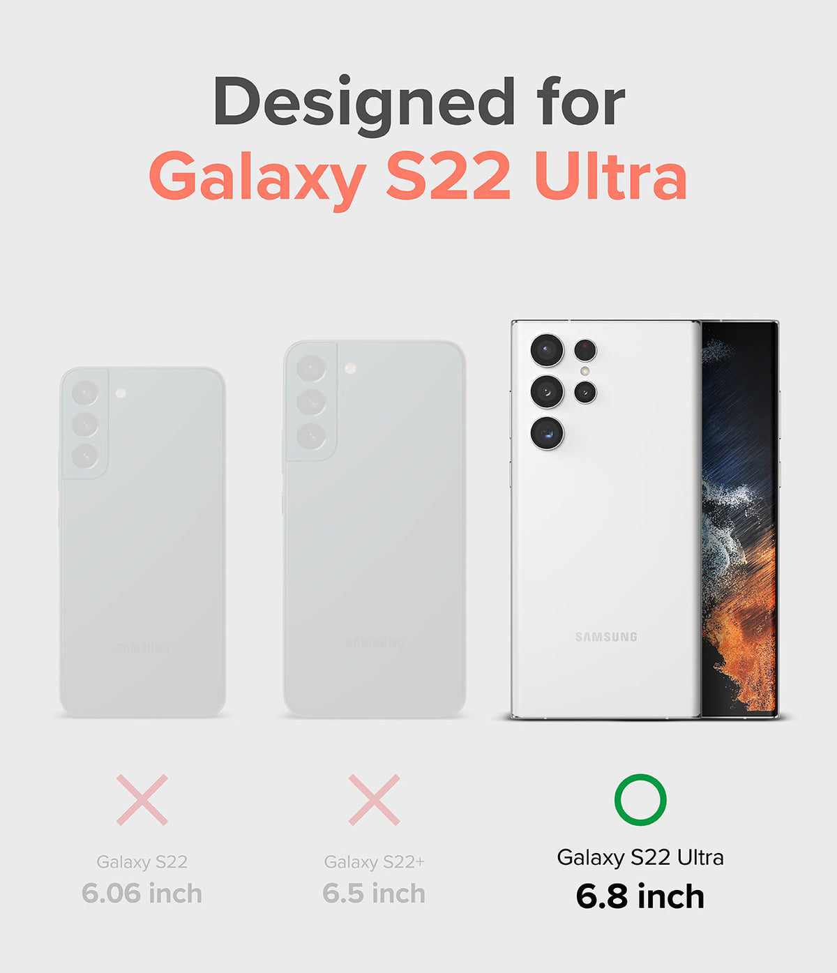 Galaxy S22 Ultra Case | Fusion Design - Comparison chart showing Galaxy S22, S22+, and S22 Ultra with a green check for the 6.8-inch Ultra.