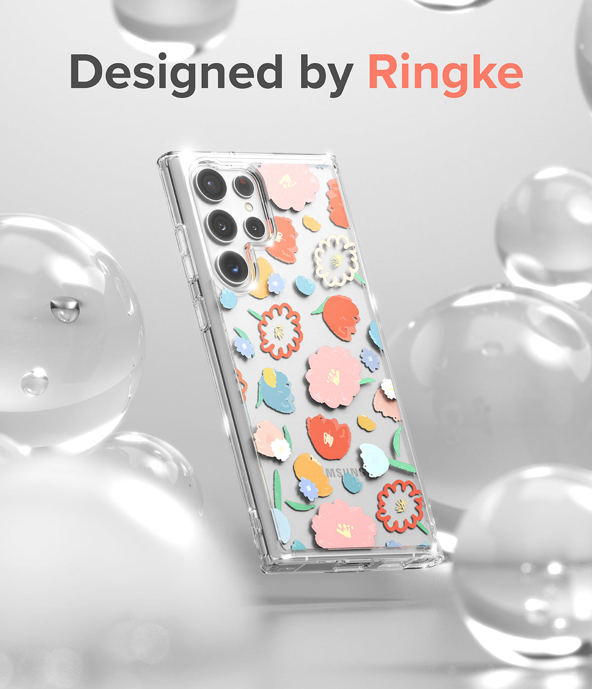 Galaxy S22 Ultra Case | Fusion Design - Clear phone case with colorful floral patterns surrounded by glass spheres.