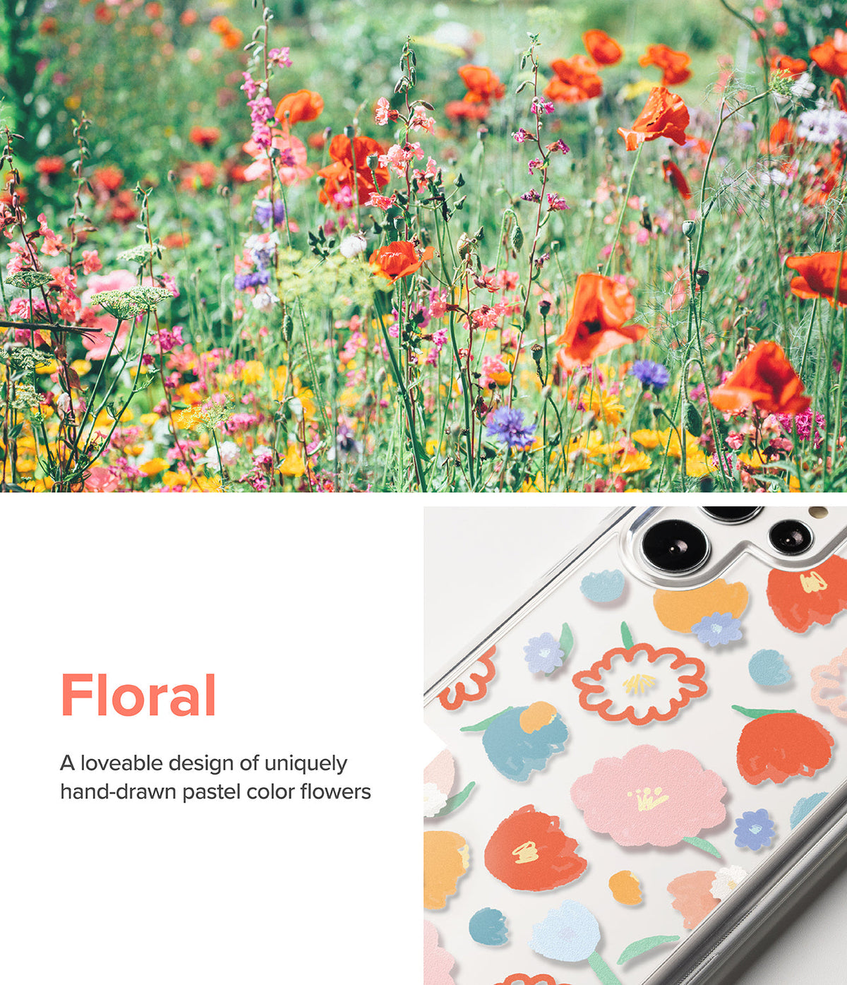 Galaxy S22 Ultra Case | Fusion Design - Clear phone case featuring hand-drawn pastel flowers against a floral meadow.