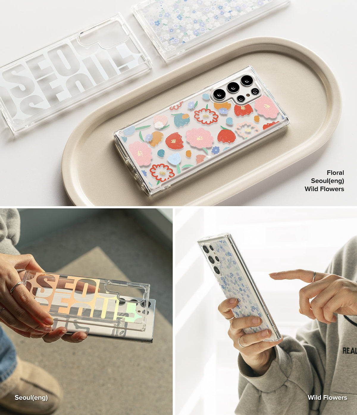 Galaxy S22 Case | Fusion Design - Clear phone cases with floral and Seoul typography patterns held and displayed on a tray.