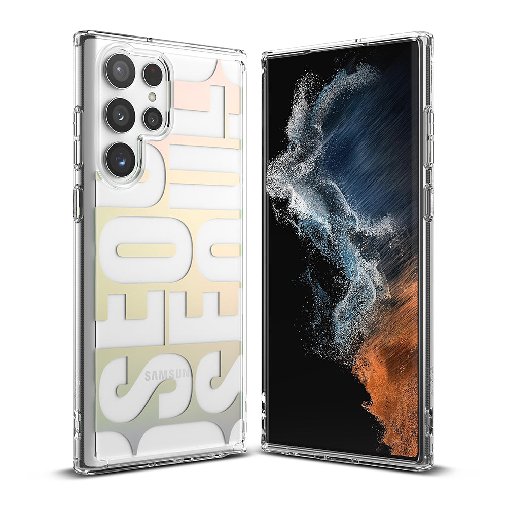 Galaxy S22 Ultra Case | Fusion Design - Clear phone case with Seoul graphic on back and front view of phone screen.
