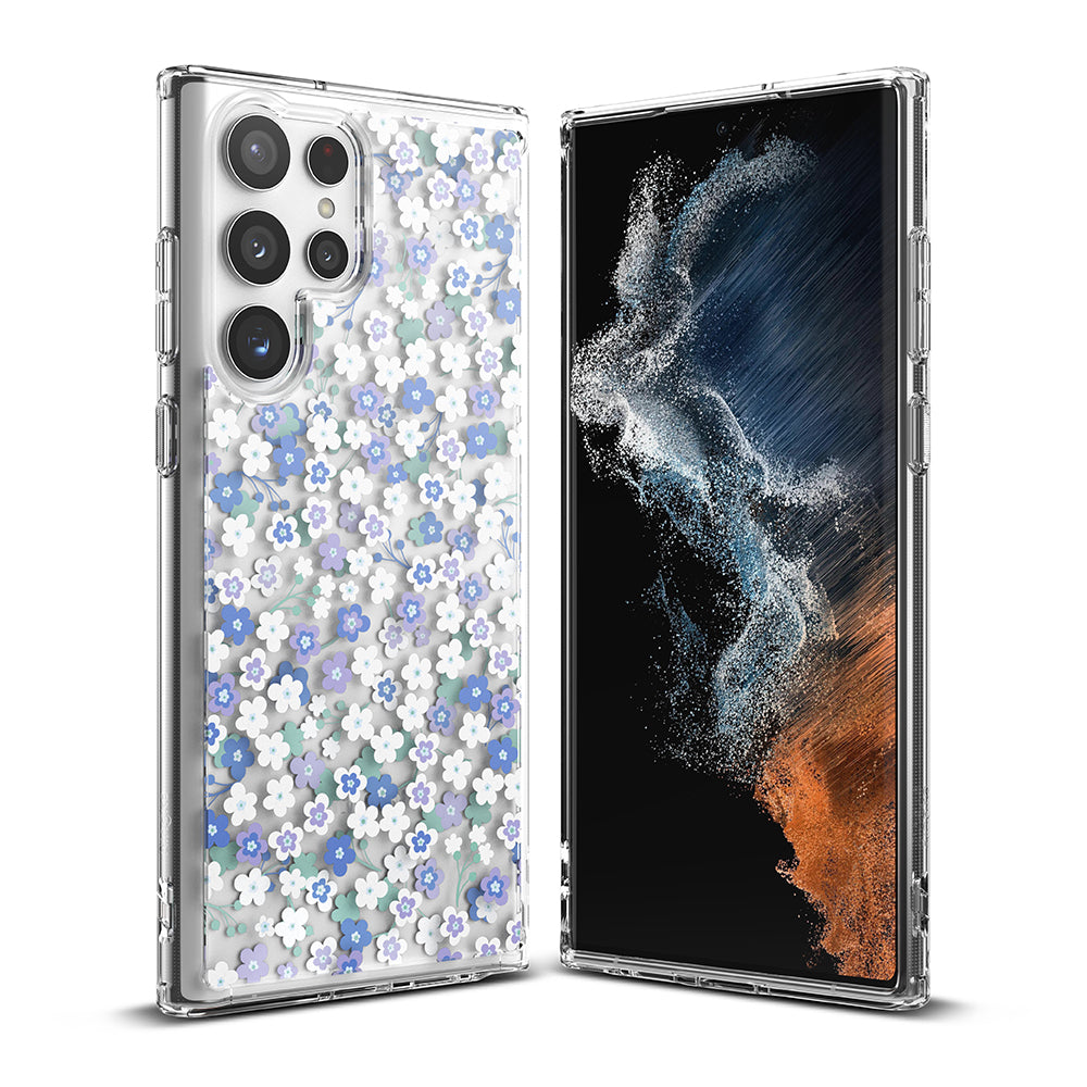 Galaxy S22 Ultra Case | Fusion Design - Clear phone case with blue and white floral pattern, shown from front and back.