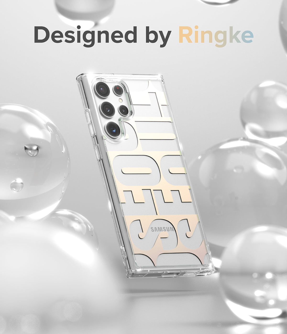 Galaxy S22 Ultra Case | Fusion Design - Clear phone case with SEOUL graphic surrounded by floating glass spheres.