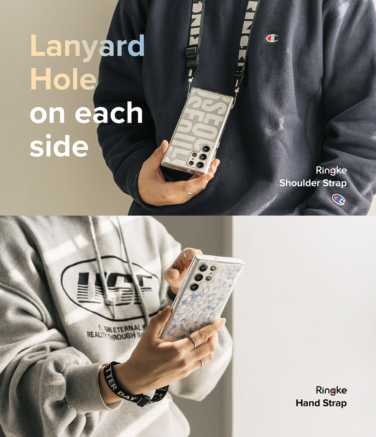 Galaxy S22 Ultra Case | Fusion Design - Two views of a phone case featuring dual lanyard holes for shoulder and hand straps.