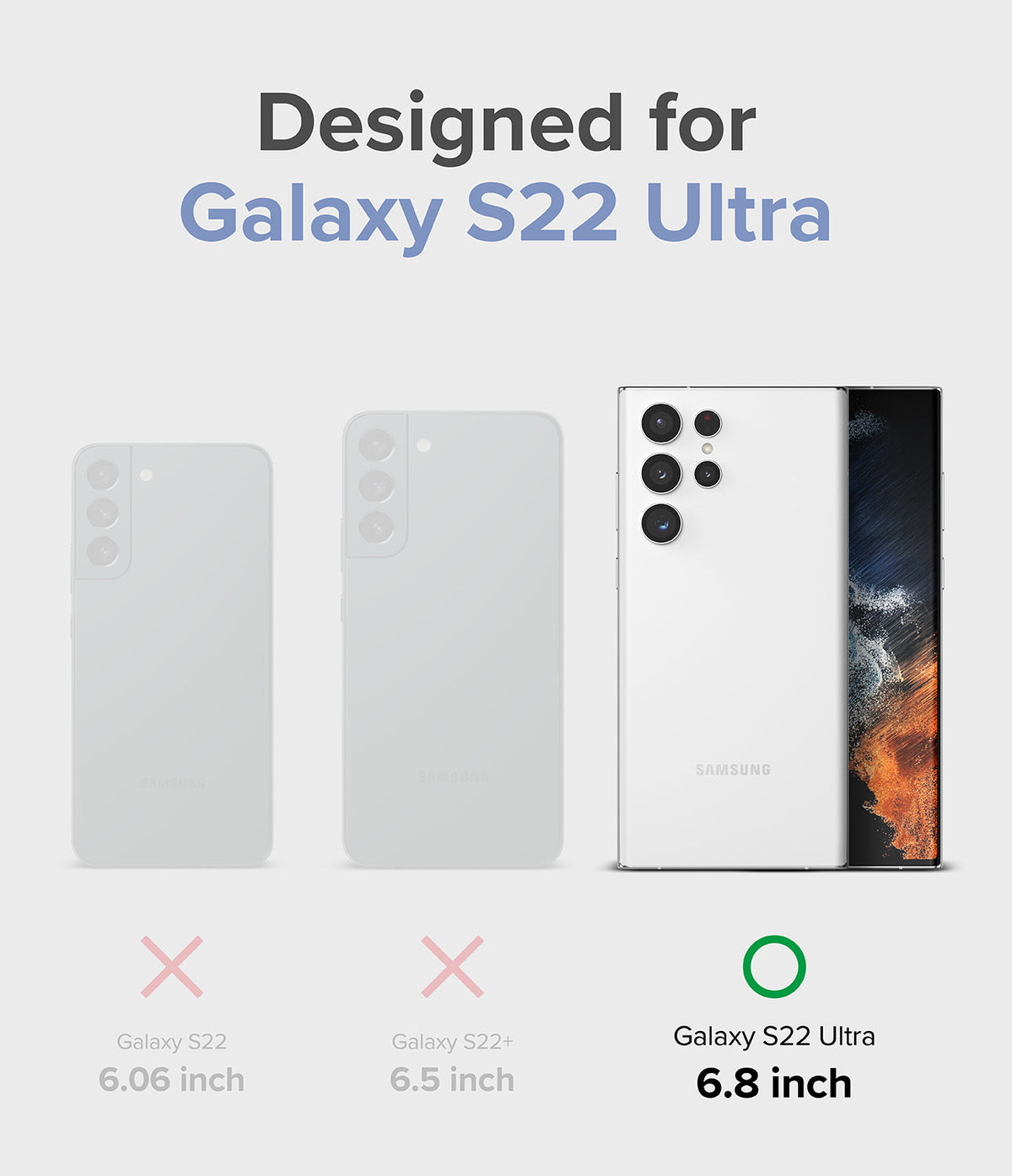 Galaxy S22 Ultra Case | Fusion Design - Comparison of S22, S22+, and S22 Ultra sizes, highlighting the 6.8-inch S22 Ultra.