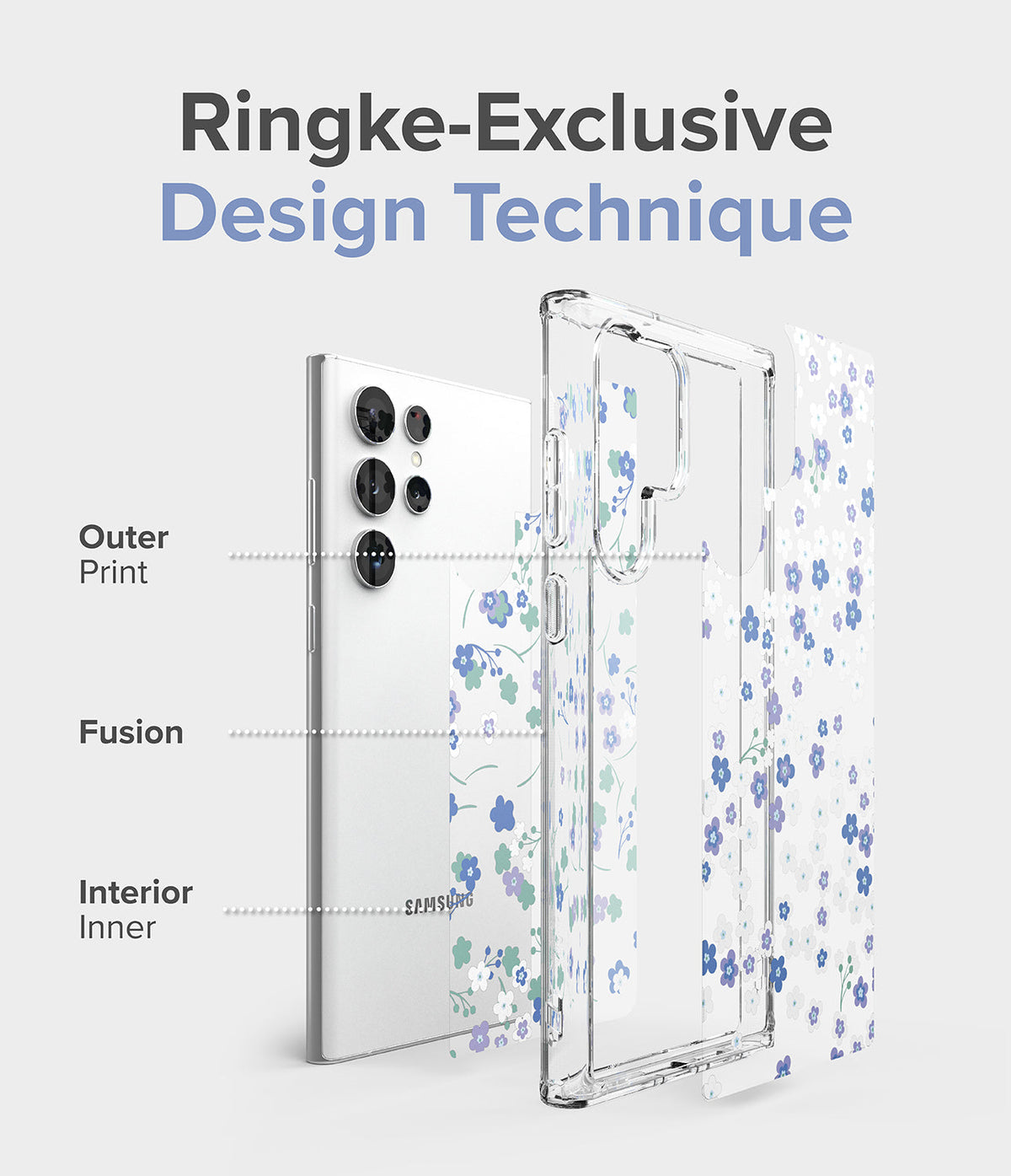 Galaxy S22 Ultra Case | Fusion Design - Exploded view of a floral phone case showing outer, fusion, and inner print layers.