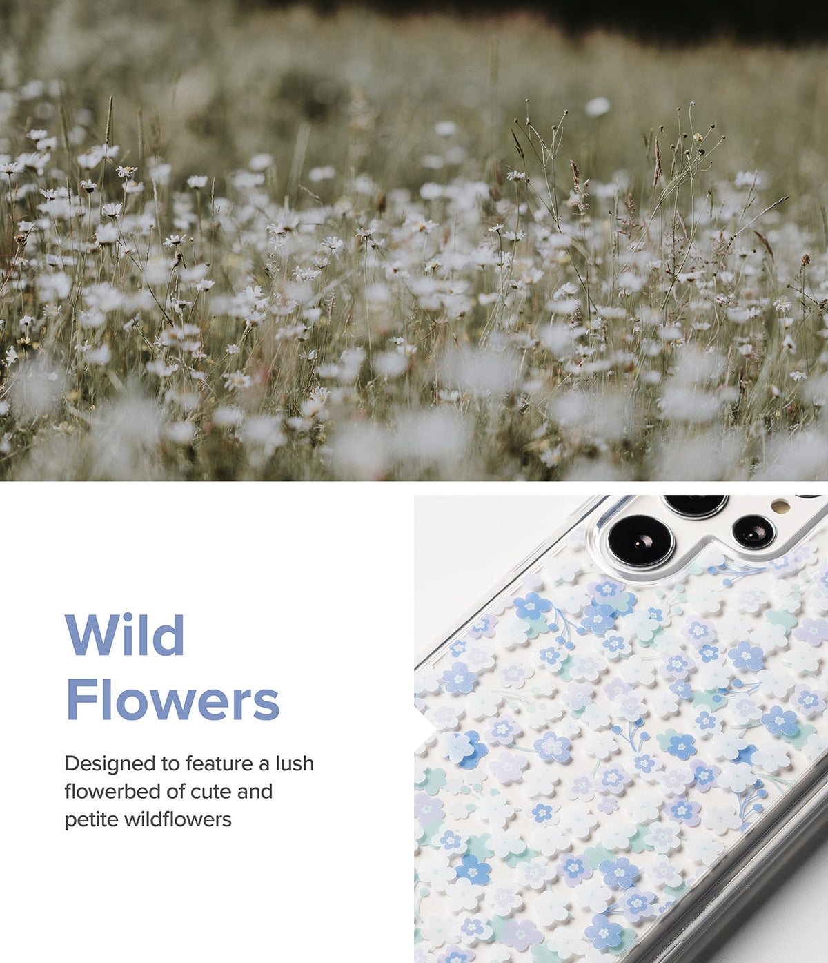 Galaxy S22 Ultra Case | Fusion Design - Clear phone case with blue and white wildflower pattern over a field of daisies.