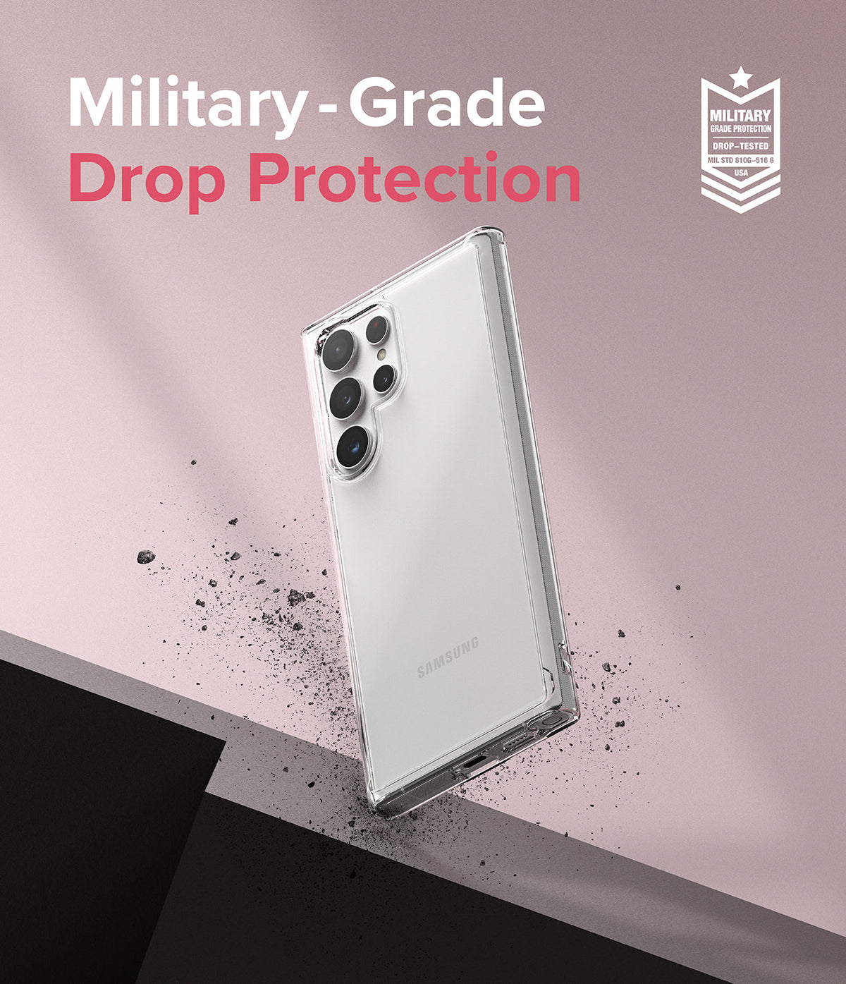 Galaxy S22 Ultra Case | Fusion - Clear phone case on a Galaxy S22 Ultra floating above a surface with debris.