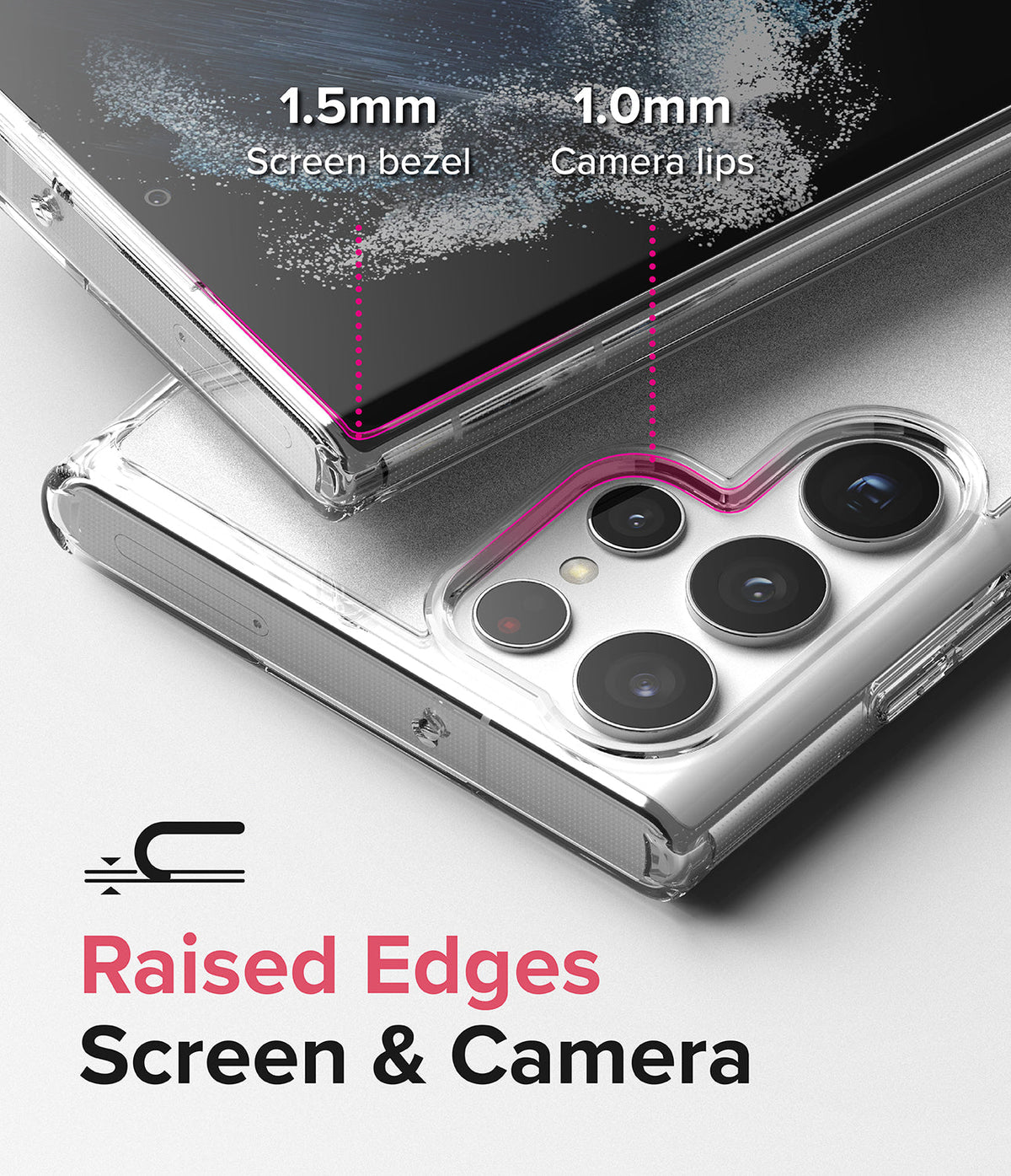 Galaxy S22 Ultra Case | Fusion - Clear phone case highlighting 1.5mm screen bezel and 1.0mm camera lip protection.