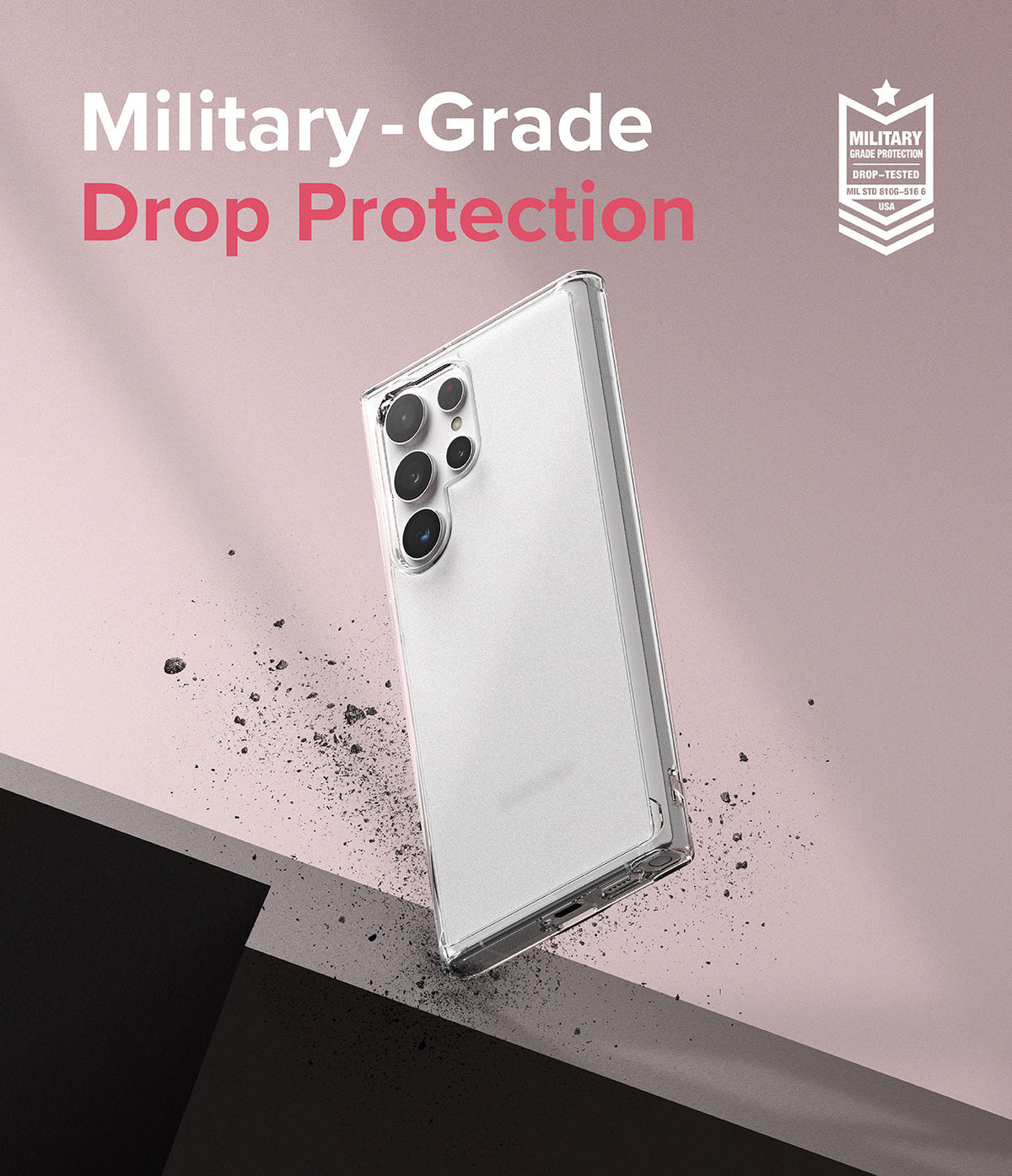 Galaxy S22 Ultra Case | Fusion - Clear phone case floating above a surface with debris, text highlighting military-grade protection.