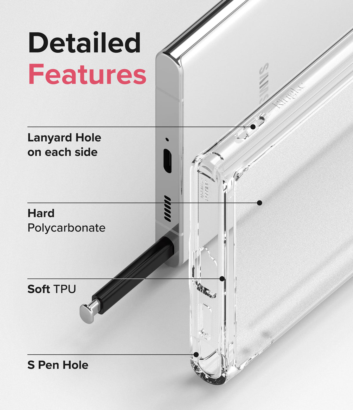 Galaxy S22 Ultra Case | Fusion - Diagram highlighting lanyard holes, polycarbonate back, TPU frame, and S Pen access.
