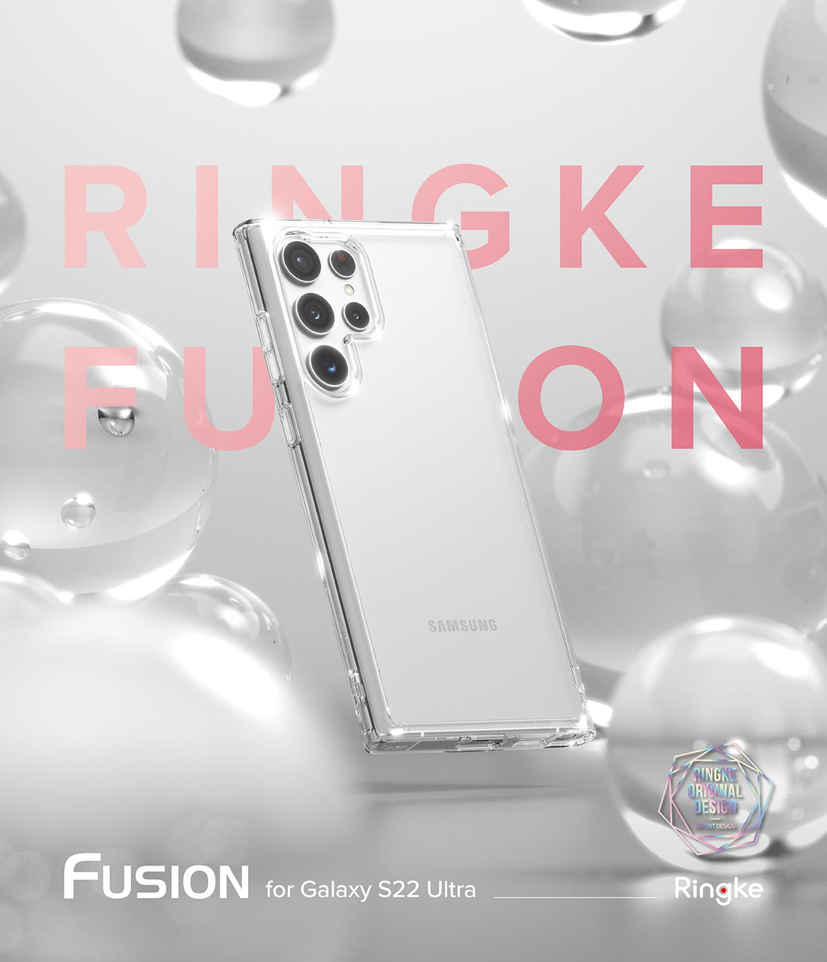 Galaxy S22 Ultra Case | Fusion - Clear phone case on a Galaxy S22 Ultra floating among translucent spheres.