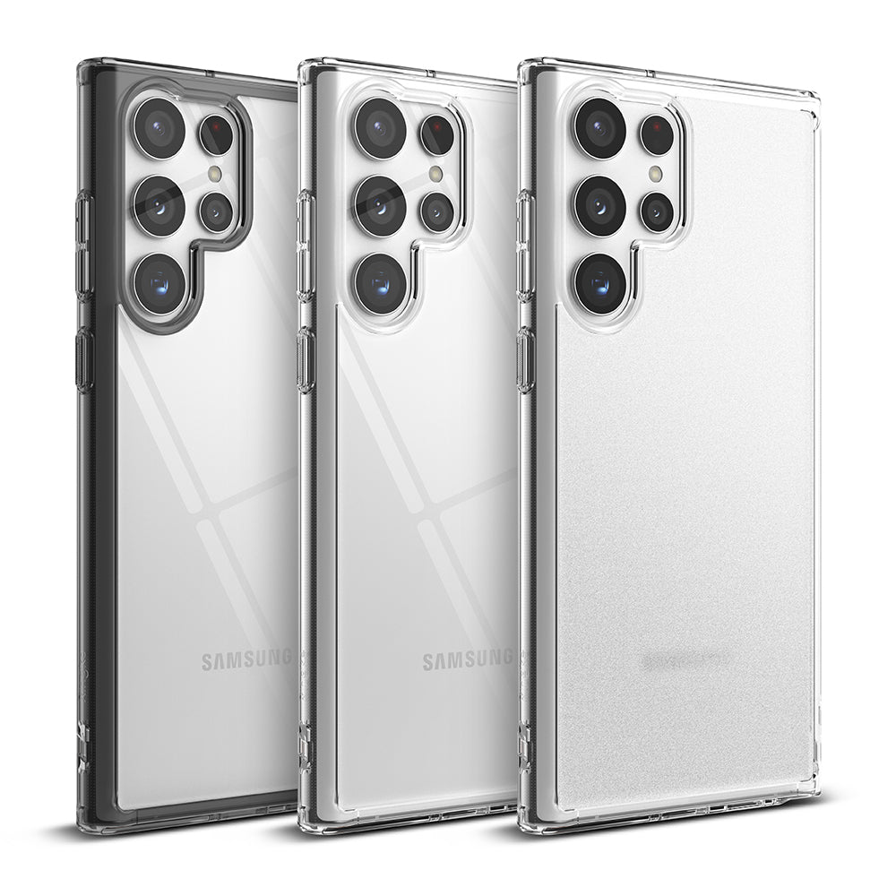 Galaxy S22 Ultra Case | Fusion - Three Galaxy S22 Ultra phones in clear, matte, and black-rimmed protective cases.