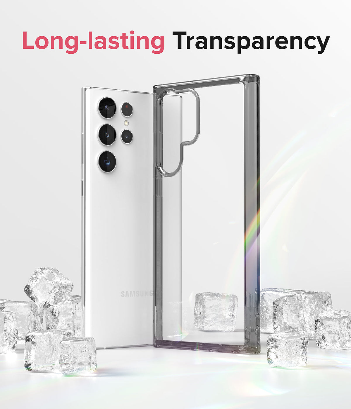 Galaxy S22 Ultra Case | Fusion - A white phone and a clear protective case standing among ice cubes with rainbow light.